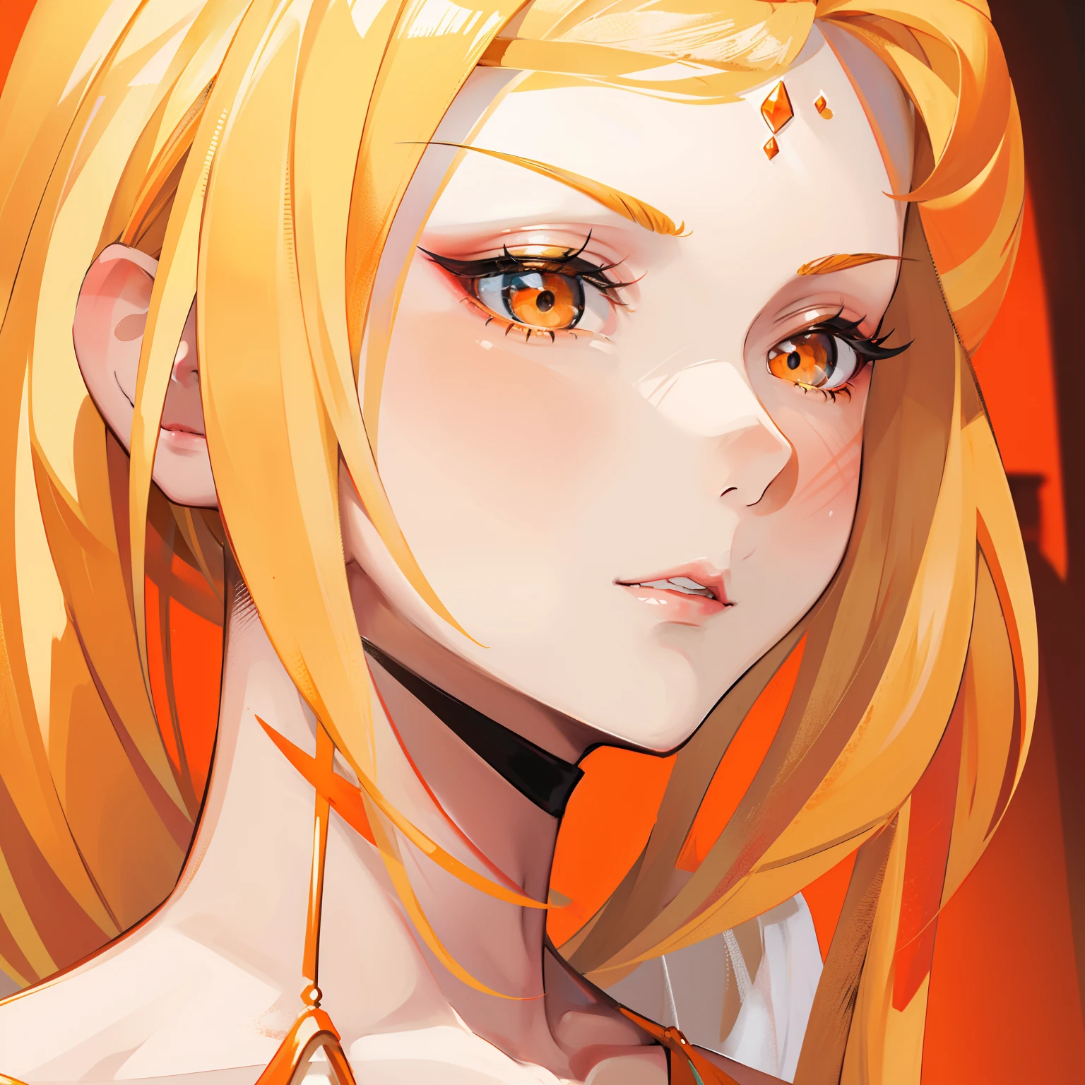 Blonde hair,Orange and white clothes,Exquisite makeup,Radiant royal sister