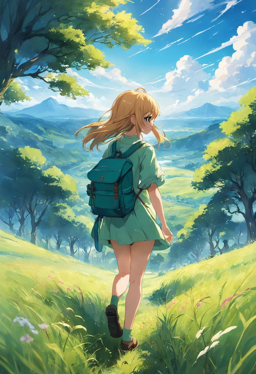 tmasterpiece，Best quality at best，high high quality，the Extremely Detailed CG Unity 8K Wallpapers，The vast sky，Large grasslands，Colorful natural light，In the distance in the middle of the meadow, there was a girl carrying a backpack, wearing a long-sleeved blouse and shorts。the watercolor style，vivd colour，and the sun was shining brightly.Green high saturation dappled sunlight。