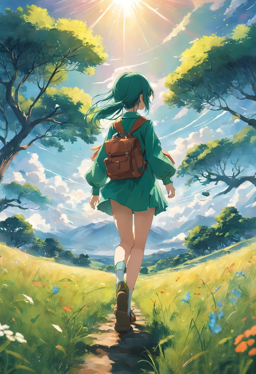 tmasterpiece，Best quality at best，high high quality，the Extremely Detailed CG Unity 8K Wallpapers，The vast sky，Large grasslands，Colorful natural light，In the distance in the middle of the meadow, there was a girl carrying a backpack, wearing a long-sleeved blouse and shorts。the watercolor style，vivd colour，and the sun was shining brightly.Green high saturation dappled sunlight。