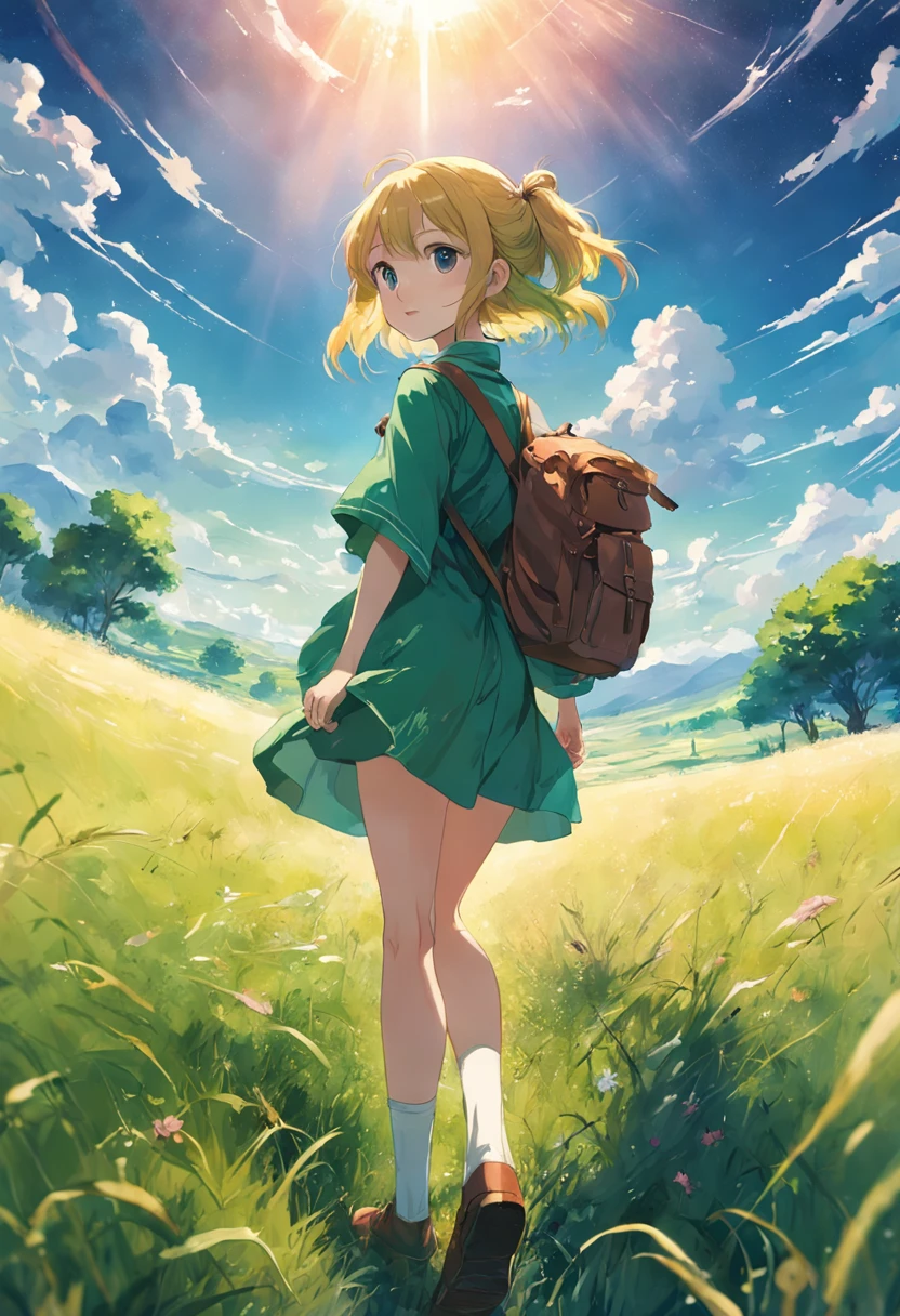tmasterpiece,Best quality at best,high high quality,the Extremely Detailed CG Unity 8K Wallpapers,The vast sky,Large grasslands,Colorful natural light,In the distance in the middle of the meadow, there was a girl carrying a backpack, wearing a long-sleeved blouse and shorts。the watercolor style,vivd colour,and the sun was shining brightly.Green high saturation dappled sunlight。