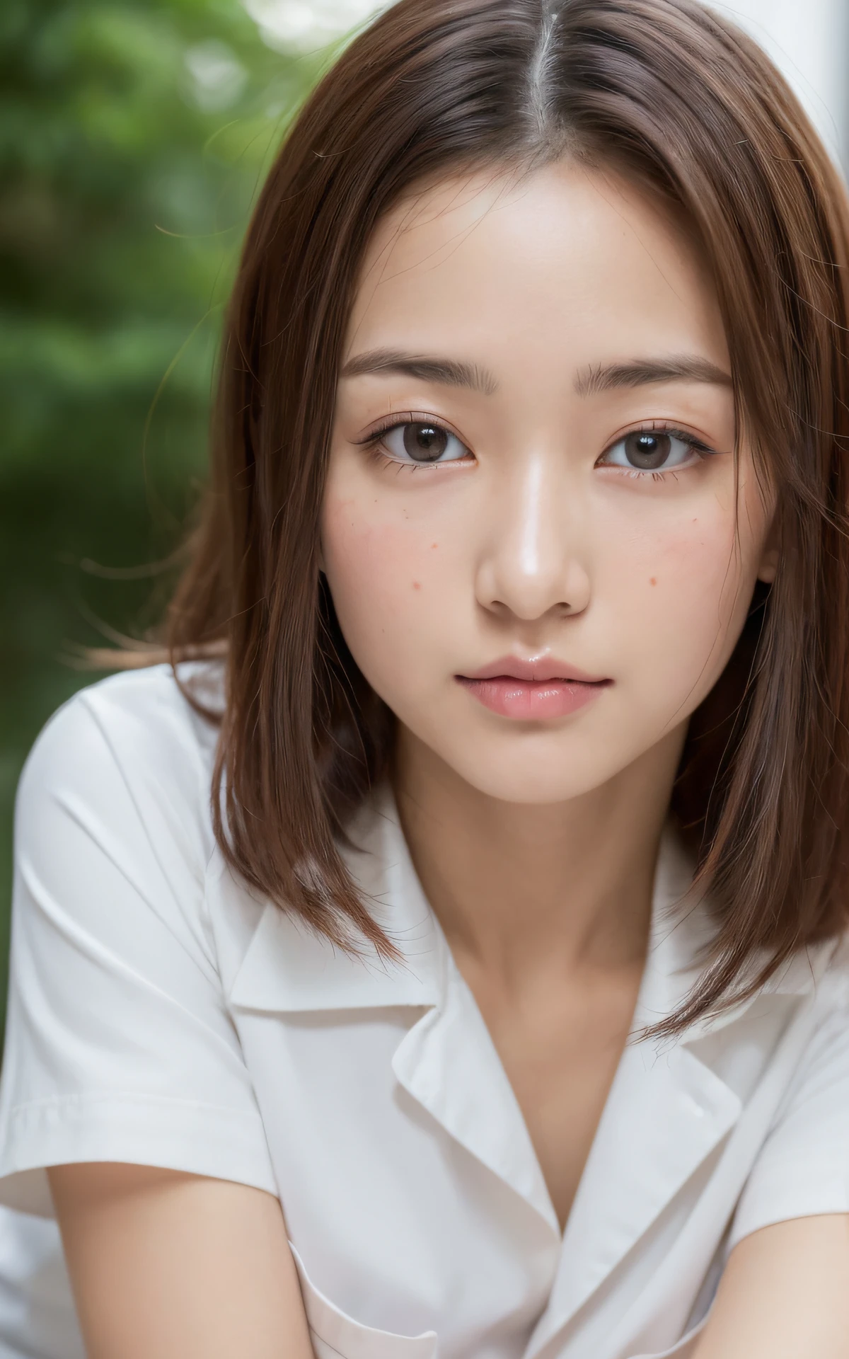 ((of the highest quality, 8K, masutepiece: 1.3)), Beauty, 1 Japan Girl, Big: 1.3, dark brown hair, (Open legs: 1.2), detailed face, very detailed lips, Detailed eyes, Double eyelids, nurse, Sweaty skin: 1.2