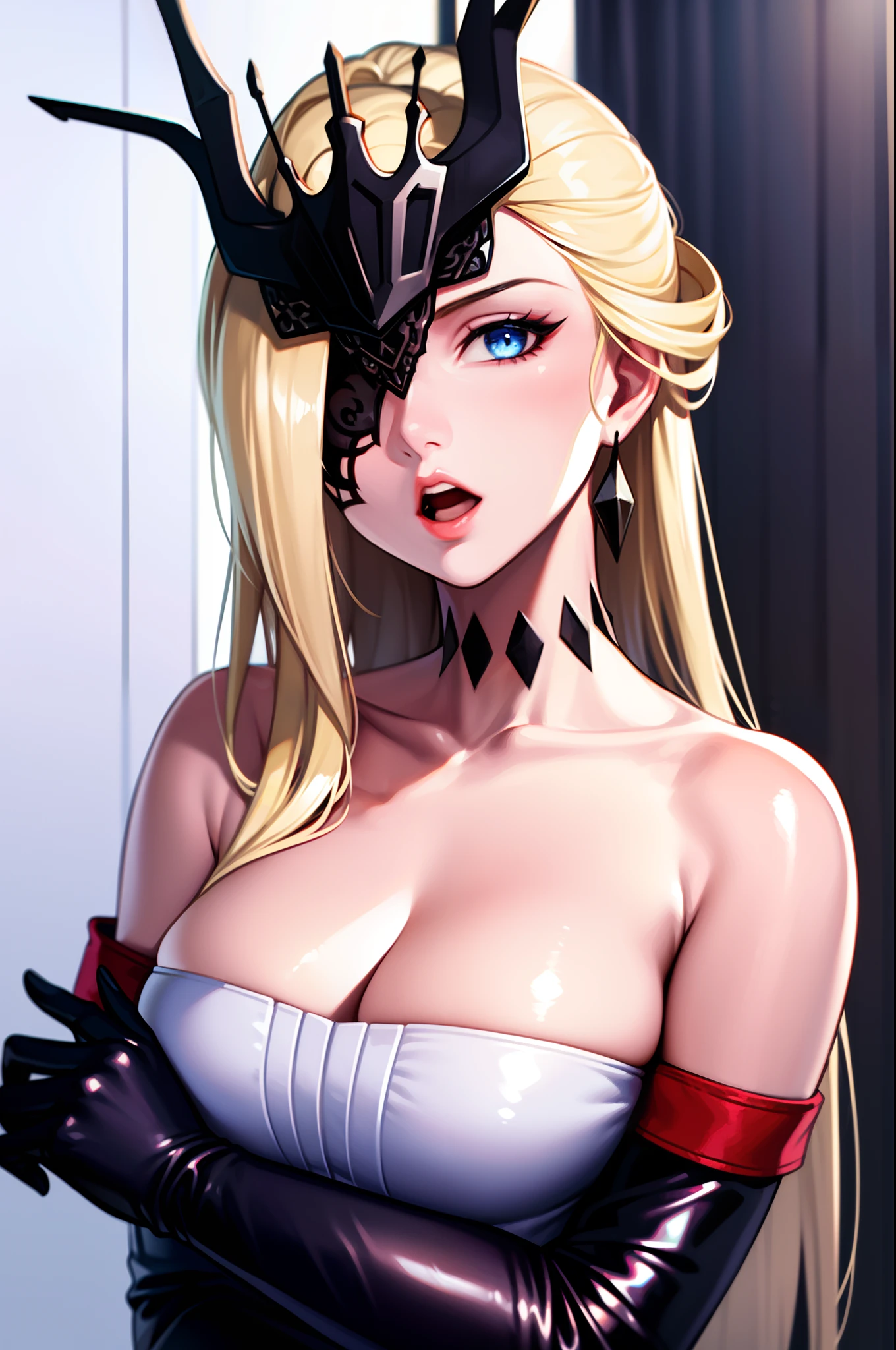 1girl, solo, blonde hair, gloves, blue eyes, long hair, black gloves, open mouth, mask, one eye covered, elbow gloves, collarbone, black mask, looking at viewer, bare shoulders,upper body,realistic,(shiny skin),signora \(genshin impact\),(mature female:1.),bad-girl,