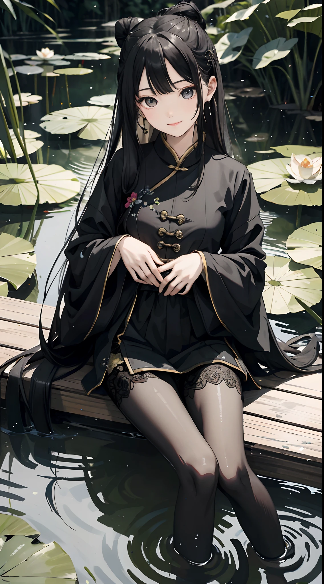 hoang lap,8K high resolution,ultra - detailed,(1girll:1.3),handpainted,Simple lines,-yeld giwearing black Chinese clothing,beuaty girl,In the lotus pond,tmasterpiece,Sit on a plank floating in the water,Floating hair,black pantyhoses,black pantyhoses,looking toward the viewer,ssmile