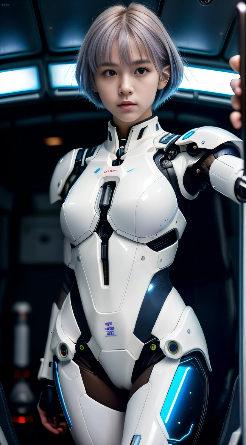 Evangelion movie (masterpiece), (full body: 1.4), (realistic), portrait of young woman , floppy hair, black hair, 18 year old, rei ayanami, Japanese woman, young woman , detailed skin, female focus, solo, realistic, short hair, (futuristic armor:1.4), (sexy:1.5) mecha suit, messy hair, (exposed thighs, exposed arms, exposed skin: 1.2), perfect teeth, serious look, sharp eyes, inside futuristic cockpit, light hazel eyes, sci fi plugsuit, thumbs up, phone camera, selfie, pose, white over black suit, dim lighting, blue screen reflection, evangelion cockpit, high tech, sci fi, sci fi Tokyo, cyberpunk