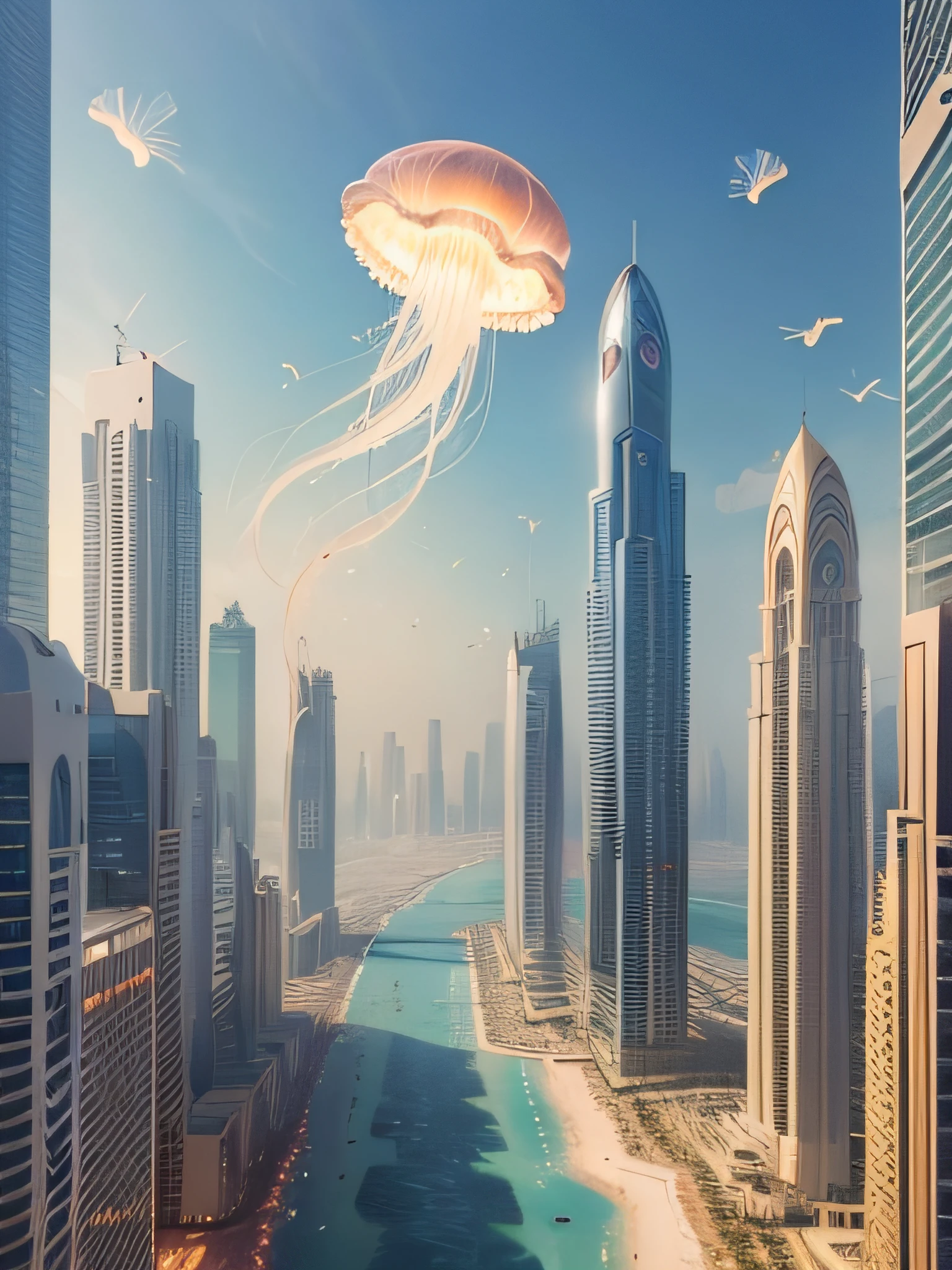 jellyfish flying in the city surrounding buildings in Dubai Photorealistic, Photorealism, Full-HD, 1080p, 16k, Realistic, Hyperrealistic, Hyper Real, digital