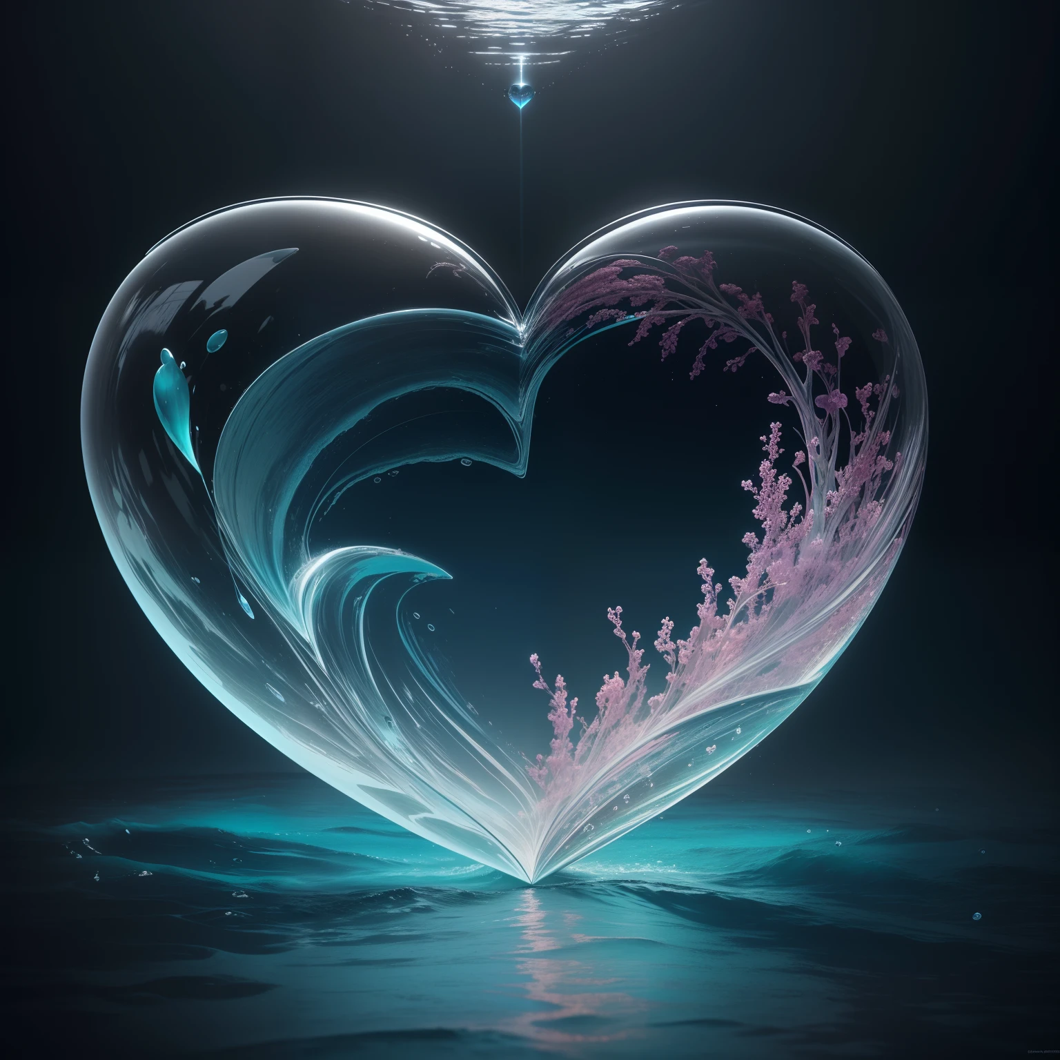 A heart that is an ocean, heart with an ocean inside, Surrealist heart, arte de fantasia, Cinema 4D, pintura fosca, polido, Beautiful, colorido, intrincado, Eldritch, Ethereal, vibrante, Surrealismo, Surrealismo, vray, Nvdia Ray Tracing, Cryengine, magica, 4k, 8k, master part, Cristal, Romantismo