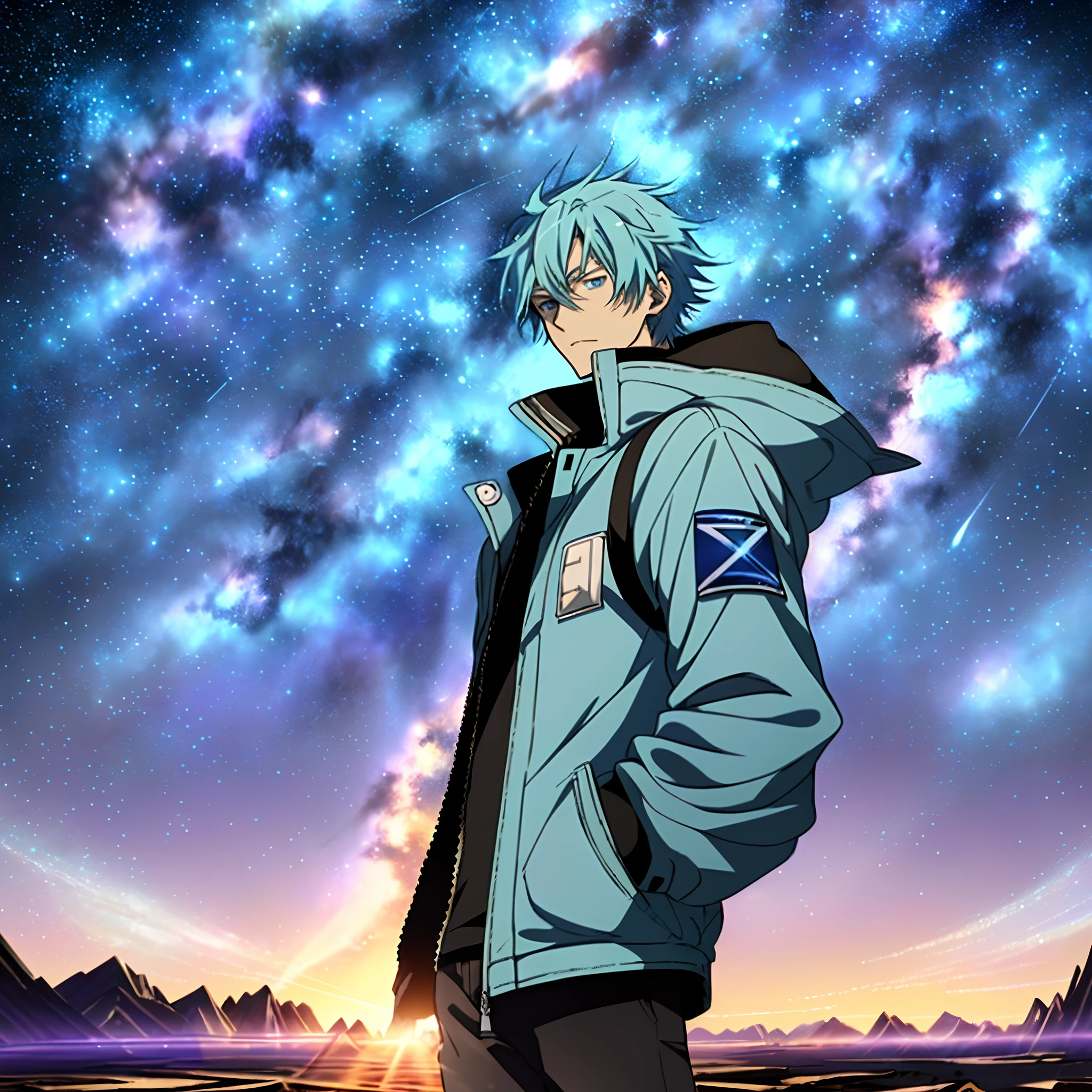 Anime - Style image of a man with blue hair and a blue jacket，Starry sky！Starlight，Starry sky，Desert at night，Key anime art，Tall anime guy with blue eyes，official anime still，Urano，key anime visuals，8K！on a galaxy looking background，Starry sky，shigenori soejima illustration，2 d anime style。