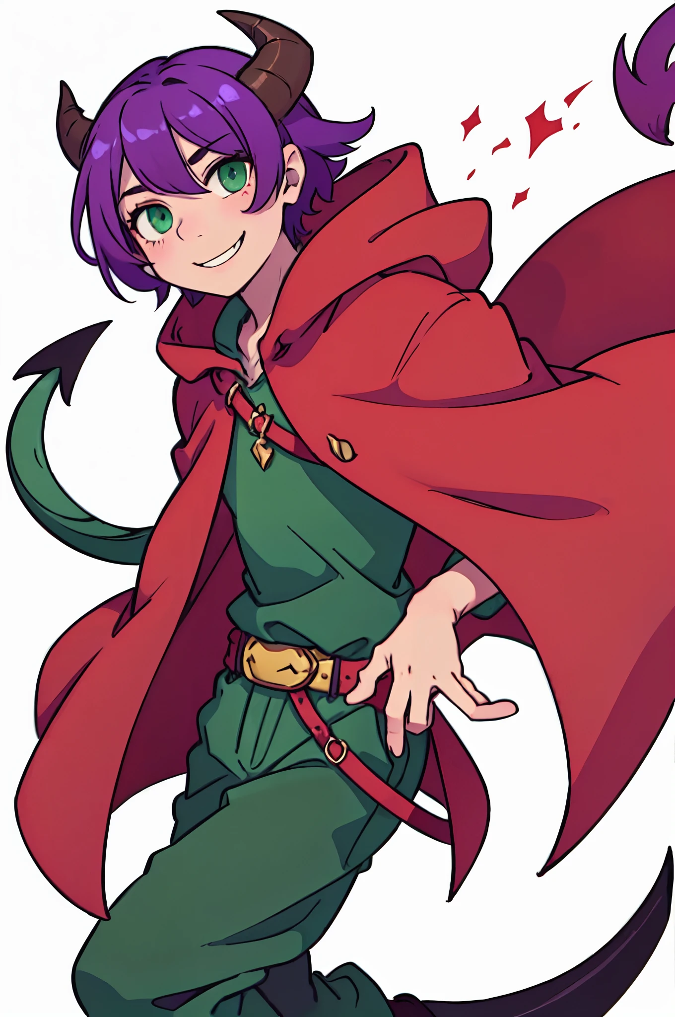 Boy with purple hair、short-hair、((Green eyes))、Devil's horns and tail、((Deformed))、A smile、red cloak、Composition that reflects the whole body、White background