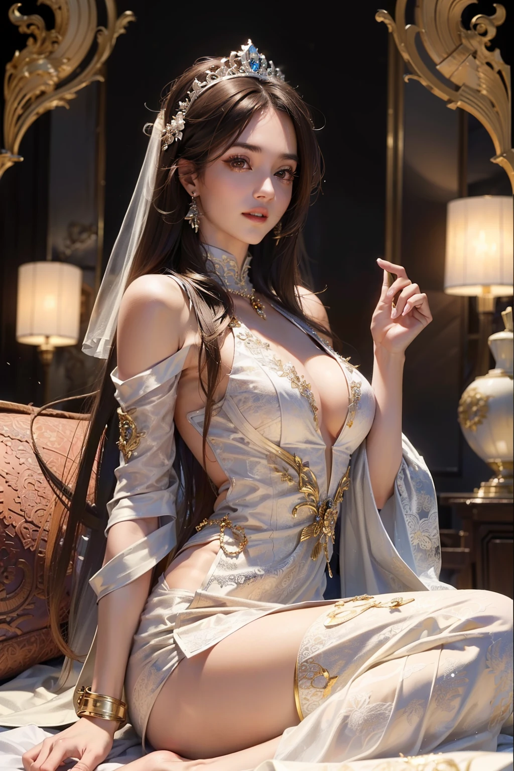 ((top-quality、masterpiece、photographrealistic:1.4、8K))、1 beautiful detailed girl、extremely detailed eye and face、beatiful detailed eyes、(Princess of the Makai in fantasy style armor-style dress)、Luxury accessories、Elegant smile、(Princess on a white horse)、Beautiful lighting、Textured skin、Super Detail、high detailing、High quality、hight resolution、(looking at the viewers)、the woods、The sword