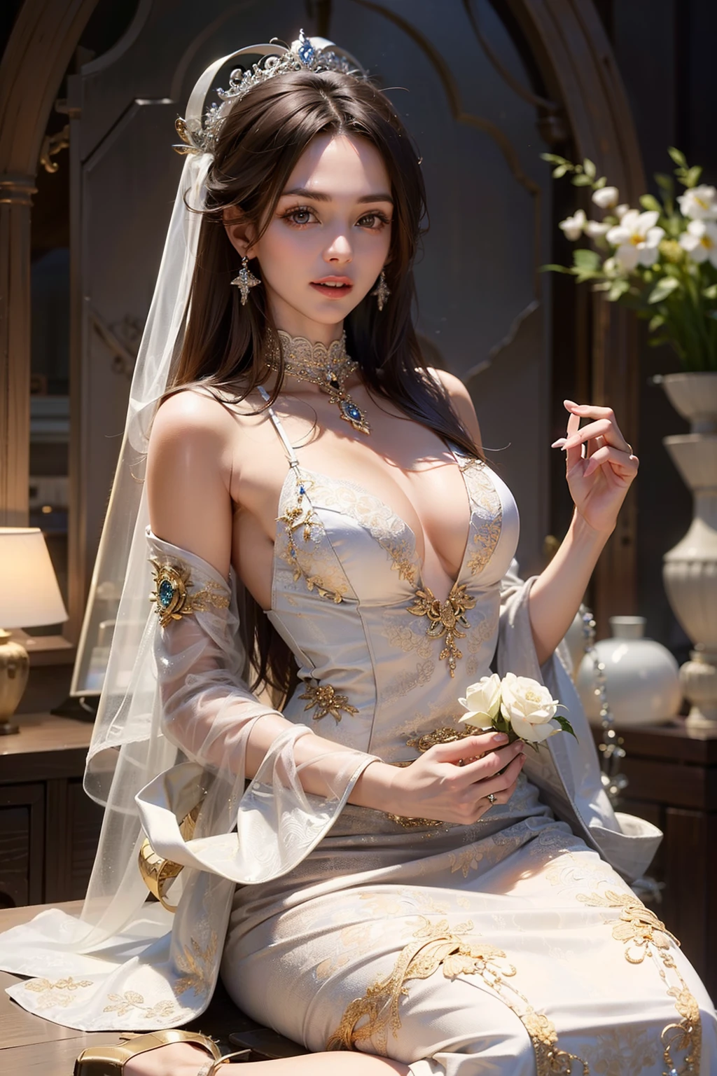 ((top-quality、​masterpiece、photographrealistic:1.4、8K))、1 beautiful detailed girl、extremely detailed eye and face、beatiful detailed eyes、（Princess of the Makai in fantasy style armor-style dress）、Luxury accessories、Elegant smile、（Princess on a white horse）、Beautiful lighting、Textured skin、Super Detail、high detailing、High quality、hight resolution、（looking at the viewers）、the woods、The sword