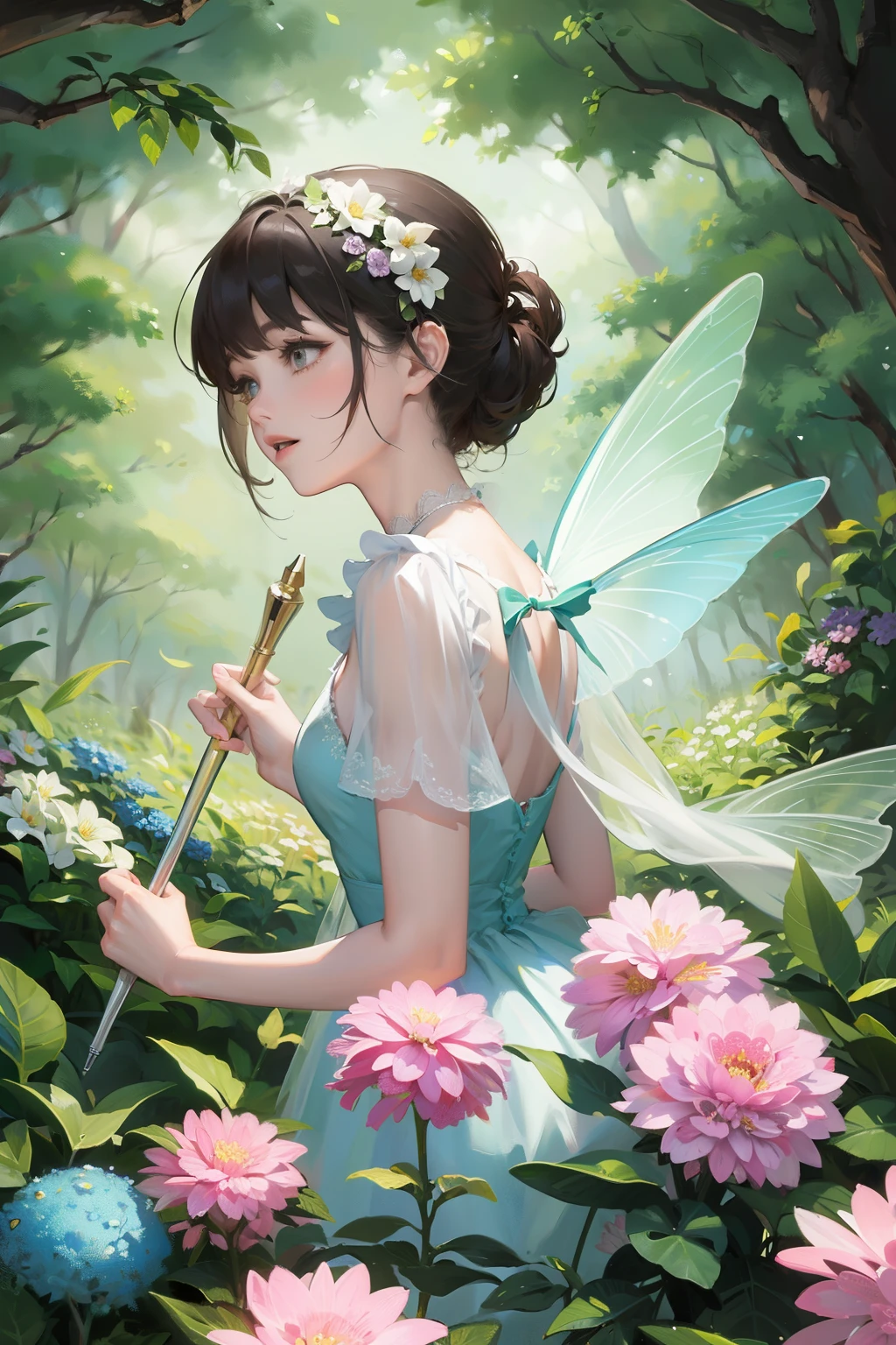 Flower fairy, Transparent colorful wings, Magic wand，The background is forest，fresh flowers，green trees，Outstanding quality，illustration，8k，High definition