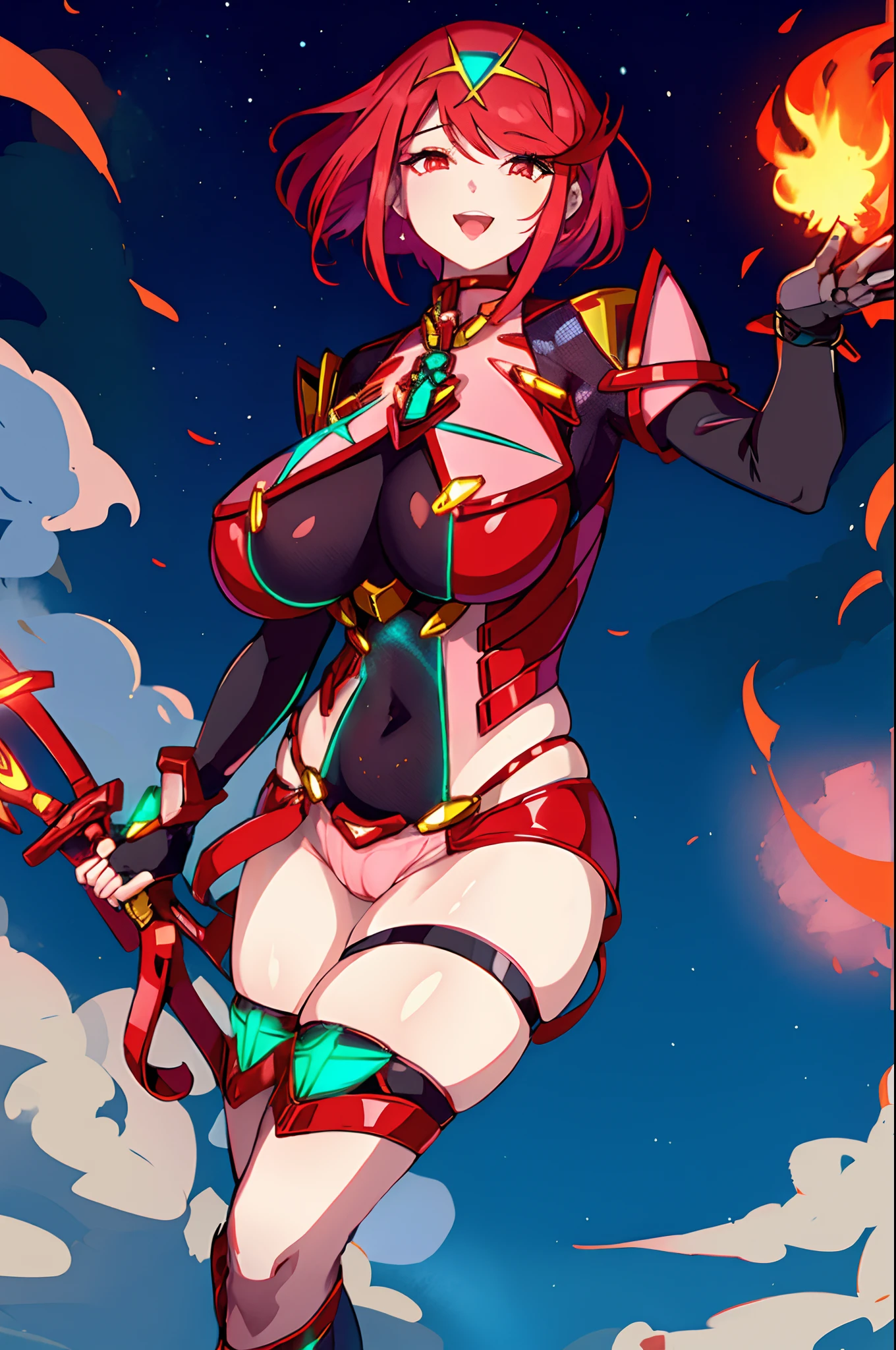 pyra \(xenoblade\), _1girl, lolimor, bangs, black gloves, breasts, red eyes, light_open_mouth, earrings, eyelashes, fingerless gloves, floating hair, framed breasts, gem, gloves, hair ornament, headpiece, jewelry, big_breasts, leaning back, leotard, neon trim, official art, pose, red hair, red shorts, saitou masatsugu, short hair, short shorts, short sleeves, shorts, sidelocks, skin tight, solo, standing, swept bangs, thighhighs, tiara, night_prairie_background, turtleneck, underbust, vambraces, xenoblade chronicles \(series\), (xenoblade chronicles 2), (spread_legs:1.1), fire_effect,dynamic_pose,fighting,light_smile, (plump:1.4), big_ass,huge_sword, hold_large_sword_hilt, scovered_nipples, (covered_pussy:1.2),cameltoe,back_view, fists,ponytail,plump,beautiful_fingers,