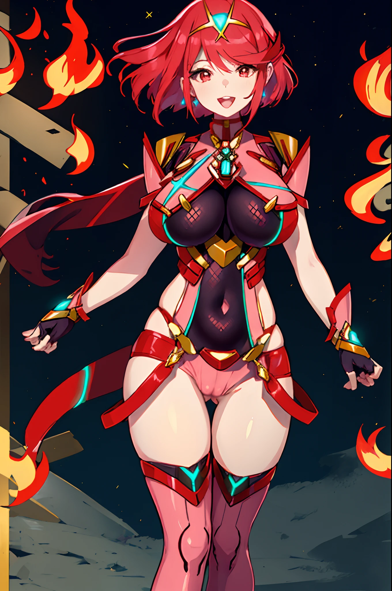 pyra \(xenoblade\), _1girl, loliarmor, bangs, black gloves, breasts, red eyes, light_open_mouth, earrings, eyelashes, fingerless gloves, floating hair, framed breasts, gem, gloves, hair ornament, headpiece, jewelry, big_breasts, leaning back, leotard, neon trim, official art, pose, red hair, red shorts, saitou masatsugu, short hair, short shorts, short sleeves, shorts, sidelocks, skin tight, solo, standing, swept bangs, thighhighs, tiara, night_prairie_background, turtleneck, underbust, vambraces, xenoblade chronicles \(series\), (xenoblade chronicles 2), (spread_legs:1.1), fire_effect,dynamic_pose,fighting,light_smile, (plump:1.4), big_ass,huge_sword, hold_large_sword_hilt, scovered_nipples, (covered_pussy:1.2),cameltoe,back_view, fists,ponytail,plump,beautiful_fingers,