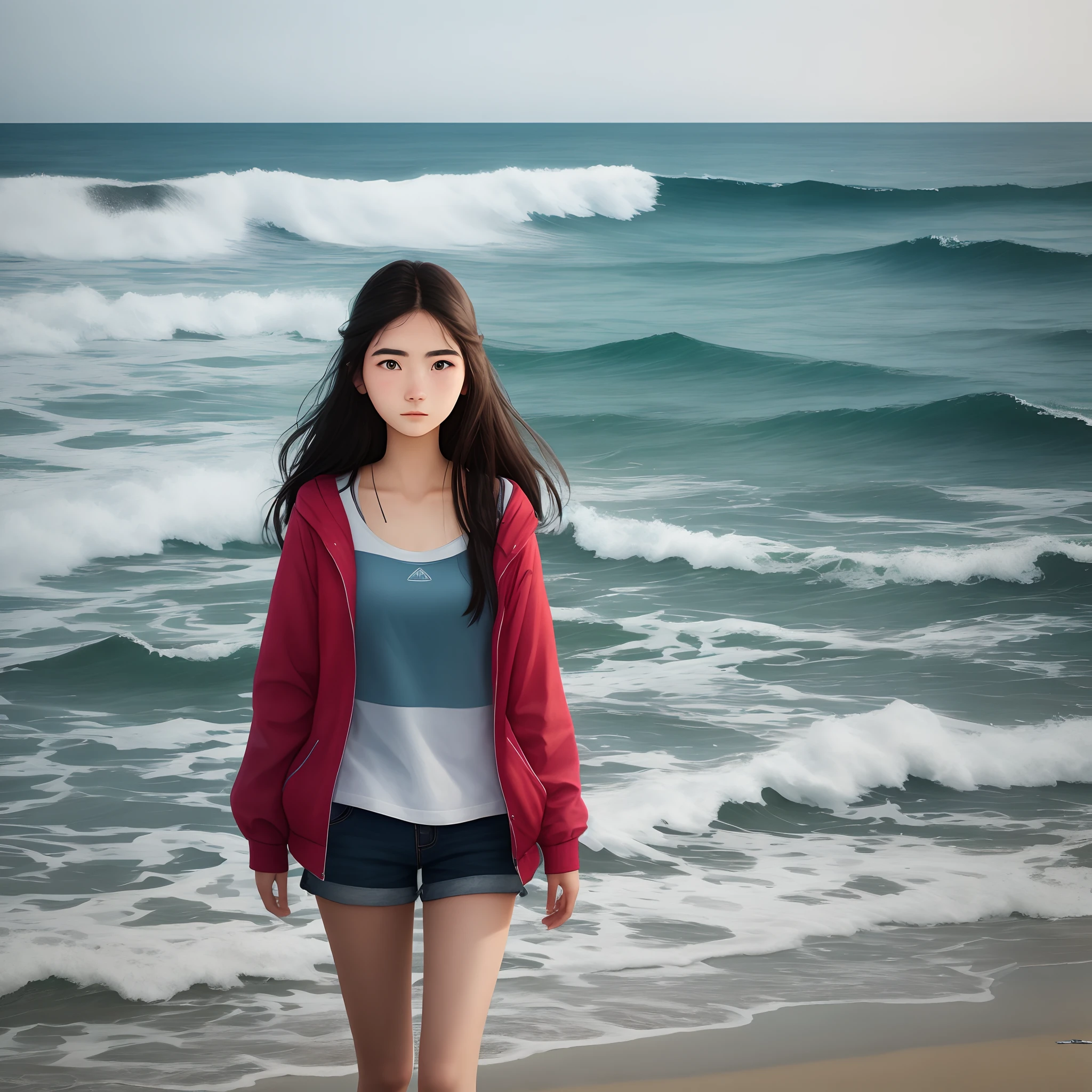 A 20-year-old woman facing the sea