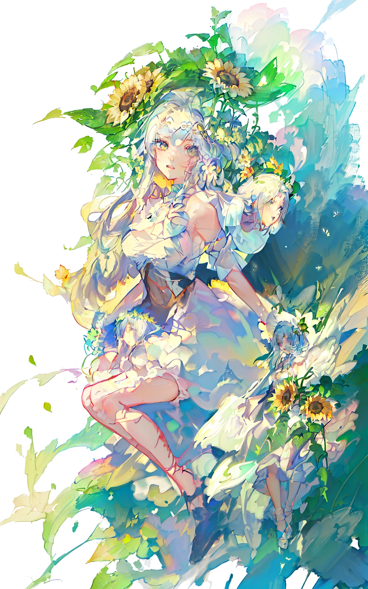 Anime girl wearing white dress，There are sunflowers and hats, beautiful sunflower anime girl, zerochan art, Digital art on Pisif , the goddess of summer, Pisif Contest Champion, made with anime painter studio, goddess of nature, the goddess of summer, spring goddess, Guweiz in Pixiv ArtStation, Pisif, Pisif style