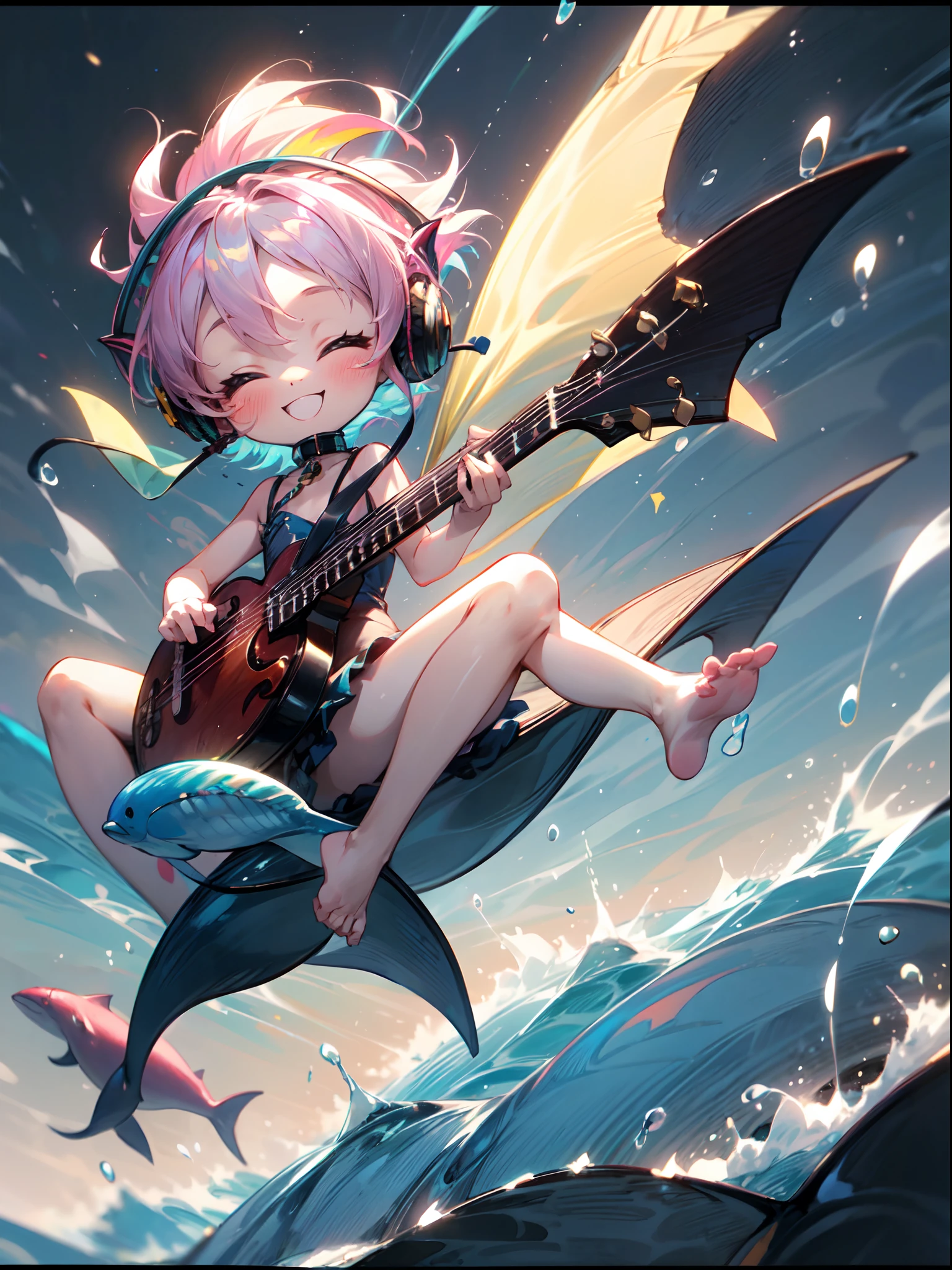 photoRealstic、Drawing of a ((cute chibi dolfin in a ocean)) , playing music,(( colorful musical 🎵 🎶 notes floating around)), wearing ((headphones in a ear)) , happy,cute, smiling, playful , happy, absolutely adorable, summer vibes,watersplash,