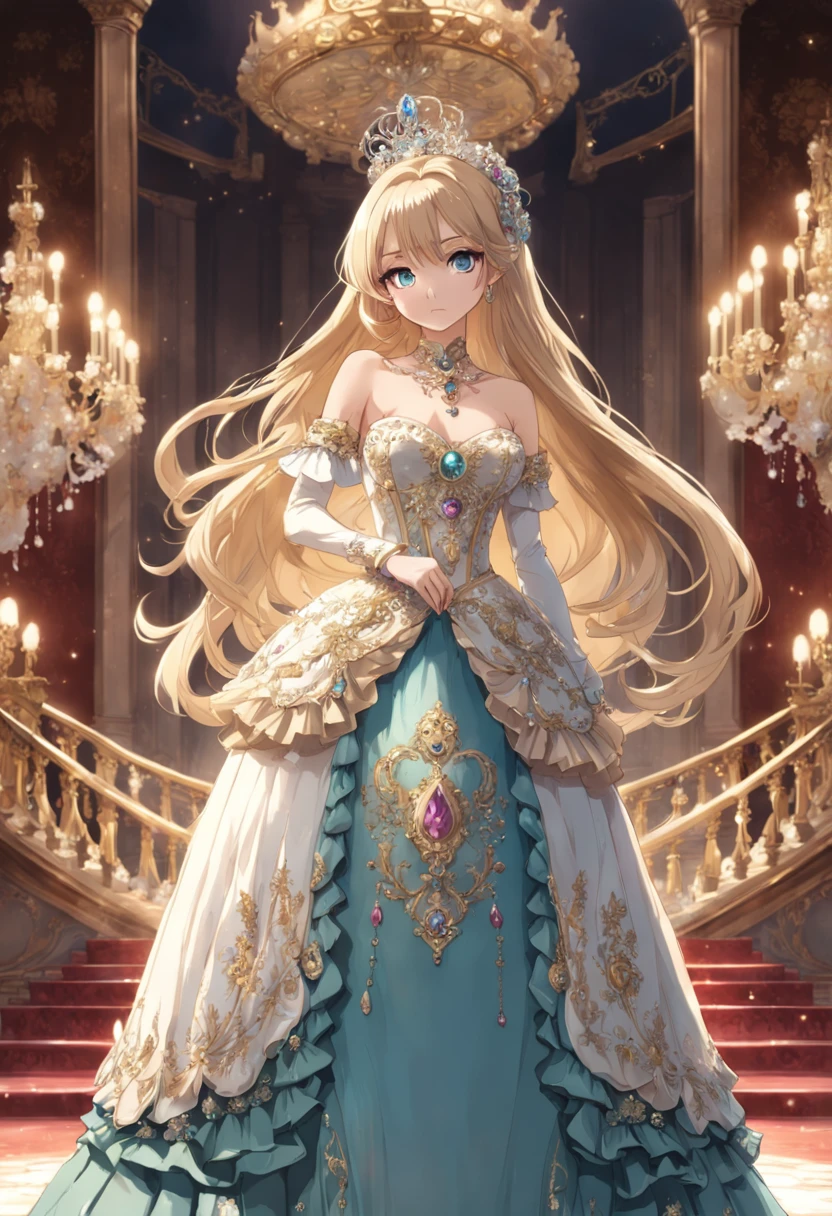 ((anime artstyle)),(Masterpiece),(Best Quality),(Super Detail),(Very Delicate and Beautiful),Solo,((full body,standing pose)),standing in the royal palace,((1 queen in jeweled gorgeous rococo ballgown with voluminous full length hoop skirt)),(crinoline),gorgeousfull embroidery,(gorgeous gemstone jewelry),(detailed face and eyes),jewel-like eyes,((large amount of straight hair,extremely Long voluminous Hair)),((gigantic tits,Long tits,skindentation)),gorgeousfull embroidery,cleavage,extremely gorgeousfull hair ornament,(bling-bling extremely gorgeousfull jeweled tiara),gorgeous corsage,(Dynamic Angle),Looking at viewer,((full body))