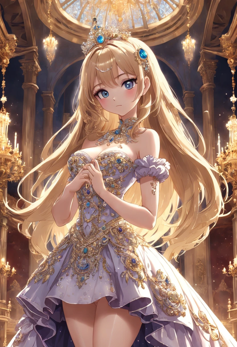 ((anime artstyle)),(Masterpiece),(Best Quality),(Super Detail),(Very Delicate and Beautiful),Solo,((full body,standing pose)),standing in the royal palace,((1 queen in jeweled gorgeous rococo ballgown with voluminous full length hoop skirt)),(crinoline),gorgeousfull embroidery,(gorgeous gemstone jewelry),(detailed face and eyes),jewel-like eyes,((large amount of straight hair,extremely Long voluminous Hair)),((gigantic tits,Long tits,skindentation)),gorgeousfull embroidery,cleavage,extremely gorgeousfull hair ornament,(bling-bling extremely gorgeousfull jeweled tiara),gorgeous corsage,(Dynamic Angle),Looking at viewer,((full body))