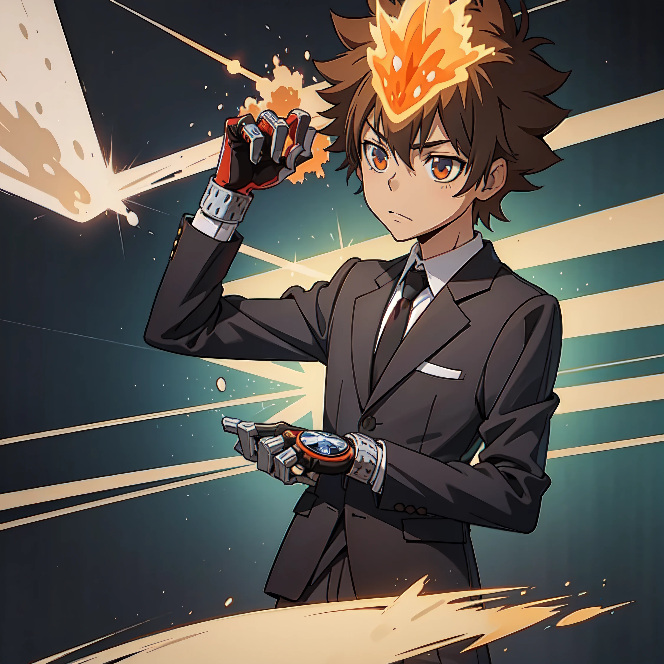 photo portrait, boy,porter un costume, Sawada tsuna,High quality,feu,illustration,Anime Art,Costard,seulement