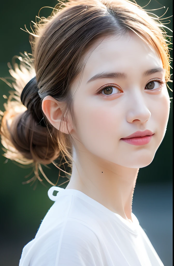 Hasselblad camera, RAW photo, (realistic: 1.2), 1girl, (beautiful and charming: 1.4), ponytail twist, white frilly long T-shirt, white skirt, white sneakers, detailed face, beautiful eyes, (perfect body: 1.2), wet shirt, wet body, (detail: 1.2), 8k ultra hd,