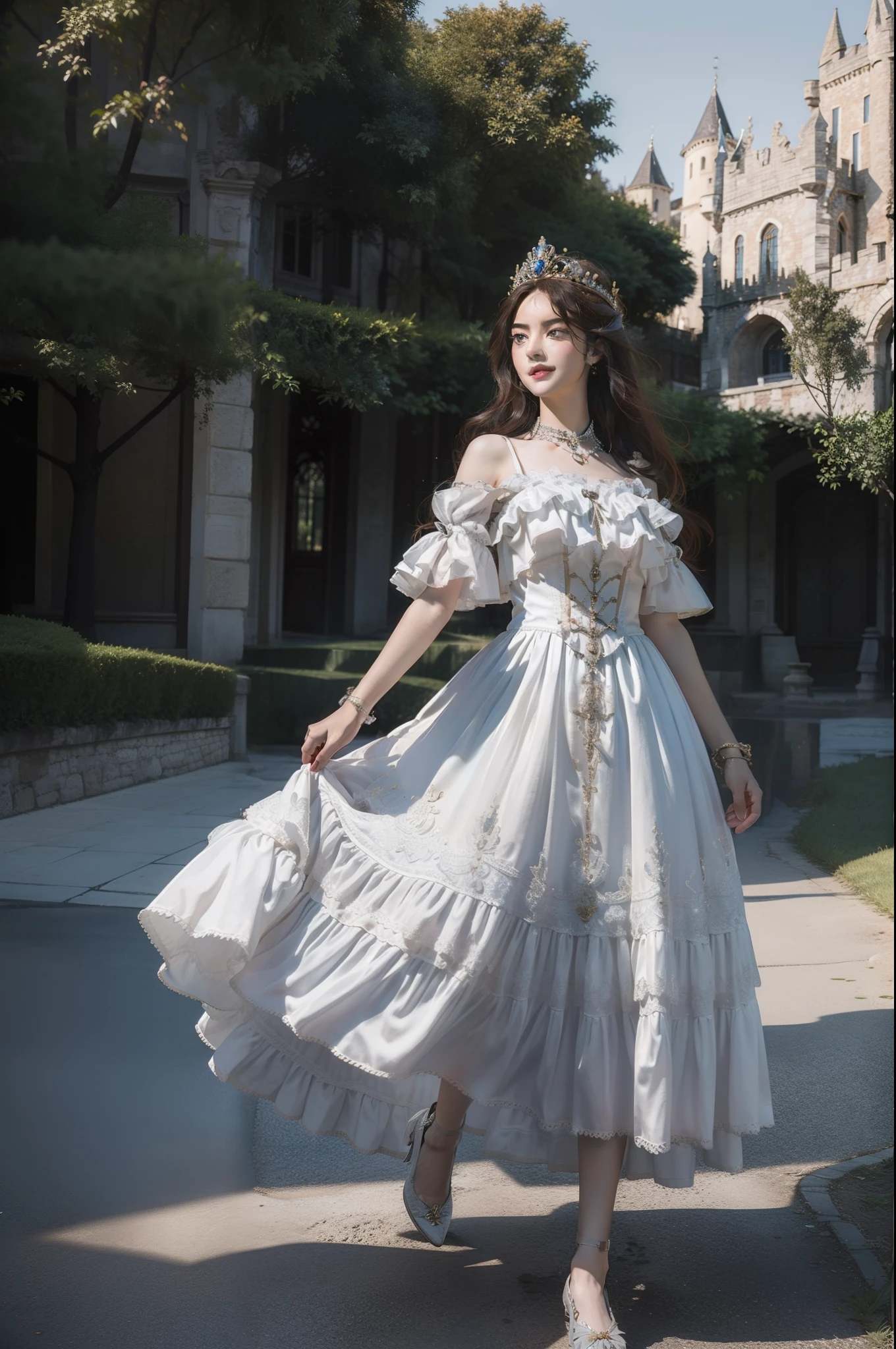((top-quality、masterpiece、photographrealistic:1.4、8K))、full body、europian、Beautiful detailed girls and knights、extremely detailed eye and face、beatiful detailed eyes、(Dresses in the style of medieval Italy、Princess)、Luxury accessories、Elegant smile、natta、(Princess strolling through medieval Italian-style castle town、Italian-style castle in the background)、Cinematic lighting、Textured skin、Super Detail、high detailing、High quality、hight resolution、(looking at the viewers)、