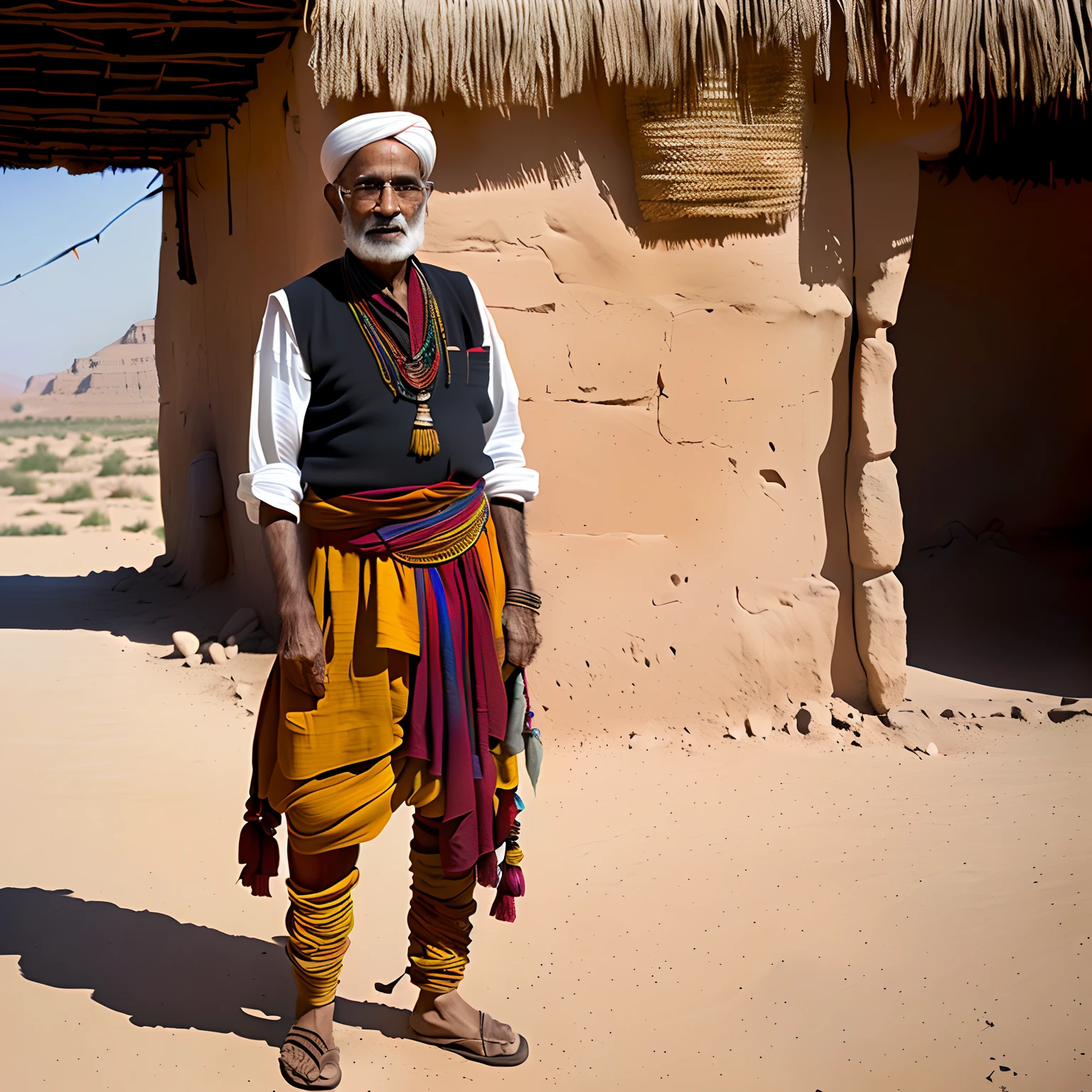 Wealthy Indian male, An old man standing,Pants 8K portrait rendering, portrait of bedouin d&D