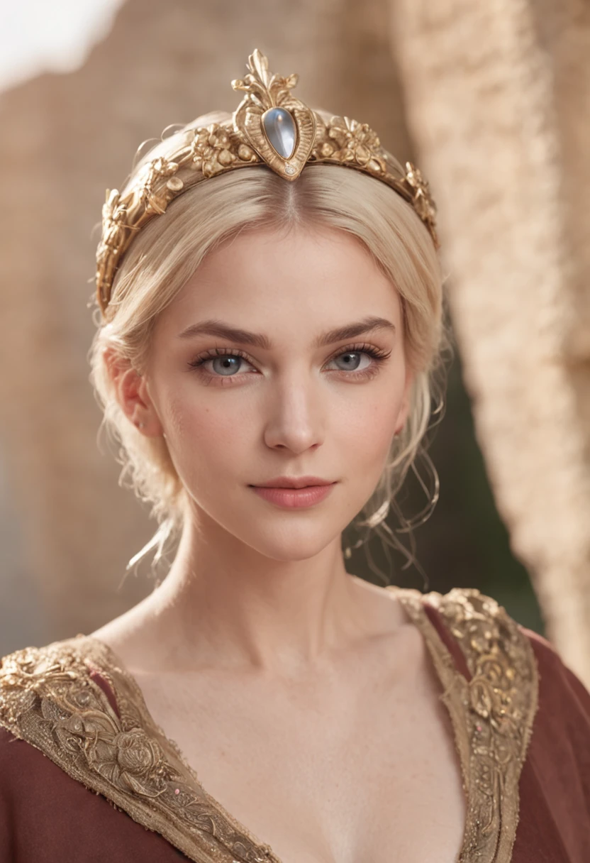 (Best quality, 8k, masterpiece: 1.3), blonde Greek goddesses, Greek clothes, Middle Ages, medium breasts, big hips, slim waist, beautiful, glamorous, alluring, shapely, curvy, long legs, high detail, High sharpness, Photos with depth, detailed face, detailed eyes, short hair, big office, charming smile, standing in the ancient Roman colosseum, epic, myth, drama, neckband jewelry, wristband jewelry, open-breasted blouse