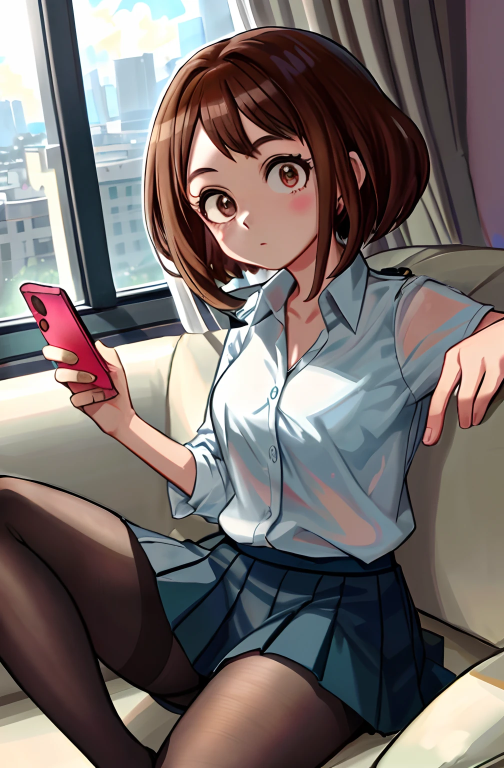 [ochako uraraka; Boku no hero academia], ((masterpiece)), ((solo portrait)), ((cute)), ((High definition)), ((anime)), ((Kohei Horikoshi)), ((detailed shading)), ((intricate details)), [ochako; (blushy cheeks, big round brown eyes, short brown hair, short eyelashes, large boobs, (cleavage), {(school uniform), white button-up shirt, short blue skirt), (black pantyhose), (white panties through see-through pantyhose)}, (expressionless)], {(on couch), (legs spread open), (phone in hand), (looking at phone)}, [Background; (living room), (window), sunny, (blue sky)]