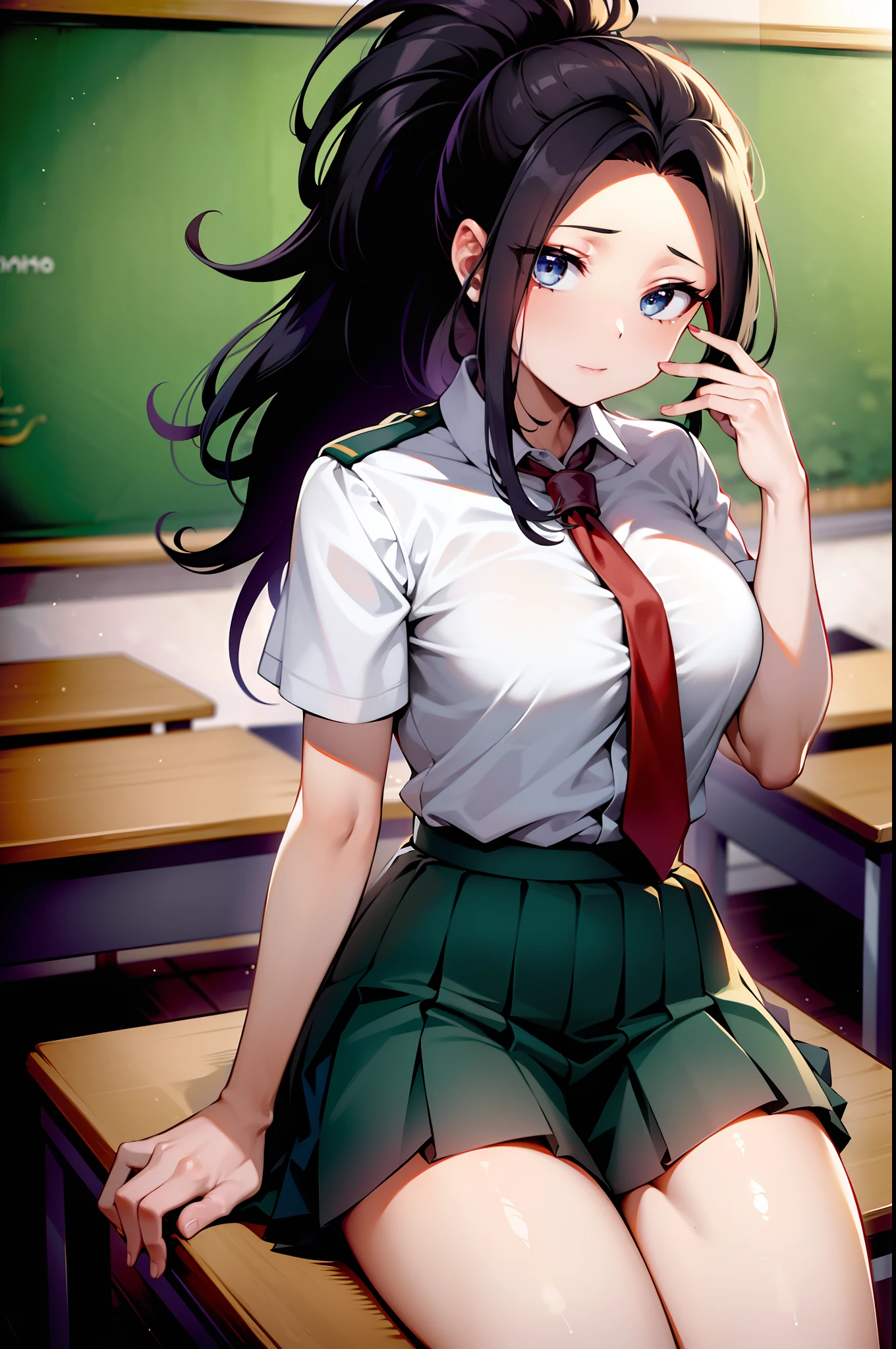 In 8K, highest quality, real image, intricate details, super detailed, Super high resolution, depth field,(Photoreal,realistic:1.2),masterpiece, 0.25 :: Close-up , Frontal shot , From the middle , 1 girl, Eye_Chan, very beautiful 17 year old girl, innocent big eyes, (Brown_short_hair), (green_eye:1.0),(前hair),dishevled hair,(hair clips), perfect shiny skin, perfect skin, fair white skin, huge breasts, cleavage, thin waist, light blush, solo, looking at the viewer, light smile,　perfect five fingers, chubby under clothes、Sweat、 wear((School_uniform)、(white_skirt)、(green_length_tie)、(green_pleats_skirt)、(black_pantyhose:1.2)、 (sculpture installation:1.1)、 Sunset High School in Japan ,skirtを手でめくり上げる、Show white panties、Pull up your skirt and show your panties、big breasts、Functional、Show white panties、skirtをめくる、skirt flipping、Roll up your scarf with your hands、show underwear、show the pants with your hands、Panty shot、barefoot、open your legs、spread legs、barefoot、wide open legs、Panties digging into the crotch、lightly raise one leg, There is a man grabbing a woman&#39;s breasts from behind.