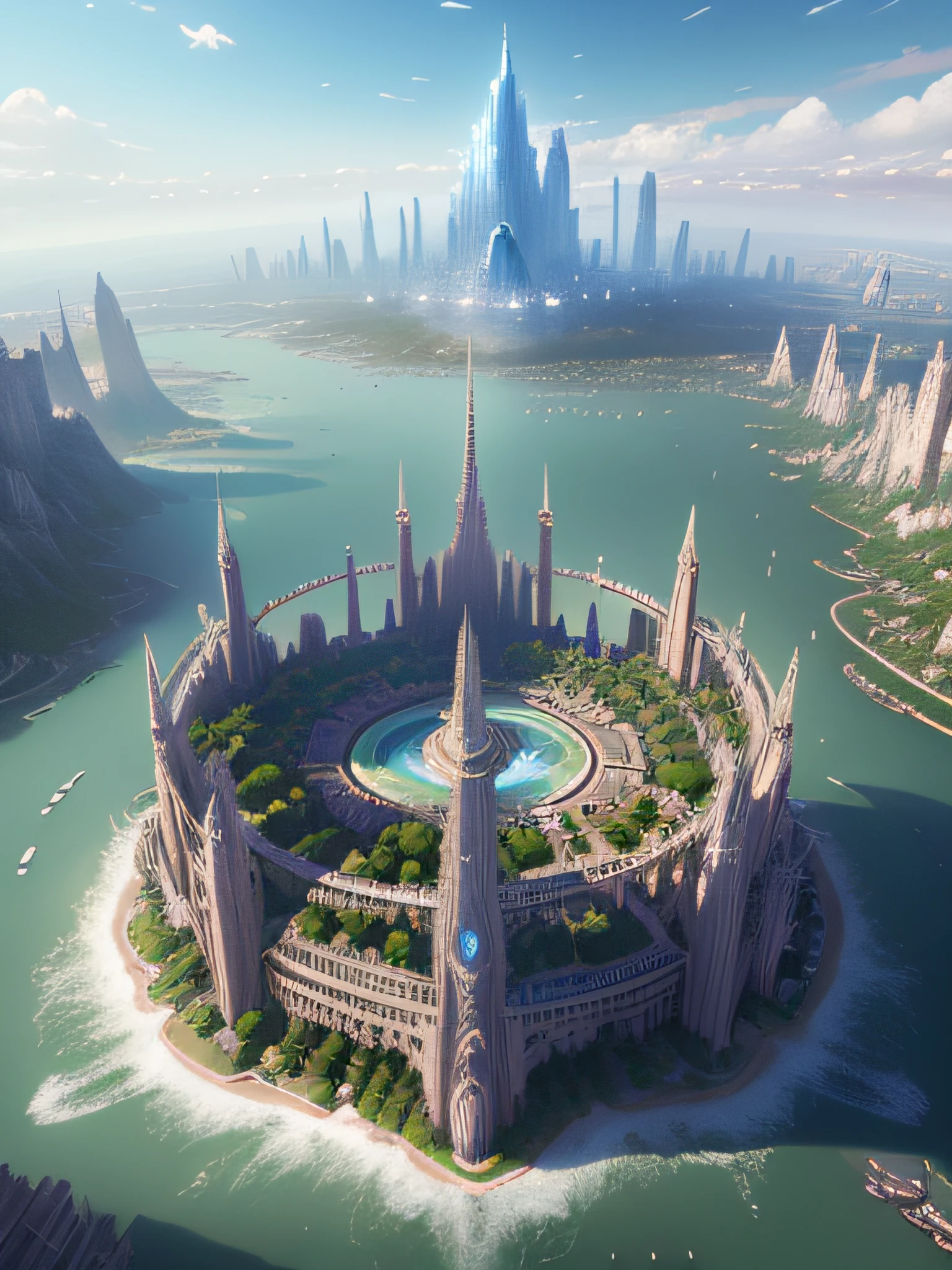 aerial view, stacked architecture city on giant towers and rings with many arches and bridges and sci-fi crystal cathedrals with flying buttresses,  waterfalls, many boats and ships, a matte painting by james gurney, trending on cgsociety, oversaturated, ultra sharp, hyper realistic