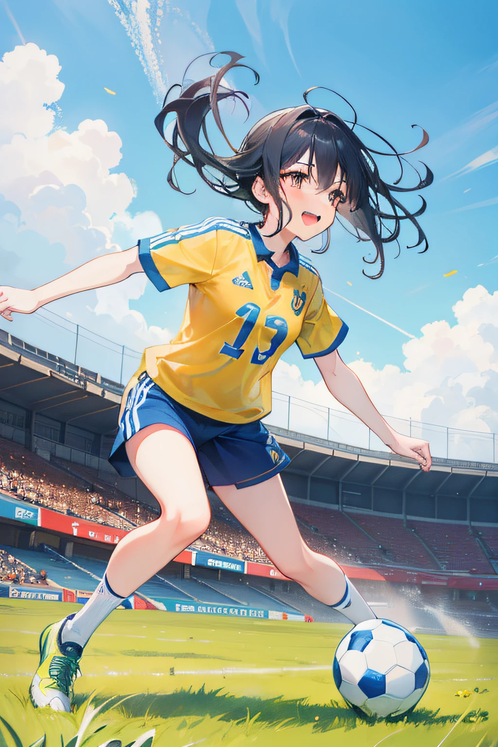 Generate an illustration in an illustrative style portraying a joyful girl playing soccer. The scene should capture the exuberance and passion of the moment as she interacts with the soccer ball. The girl's expression should radiate happiness and determination, reflecting her love for the game. The setting should be a vibrant and dynamic soccer field, with lush grass, bright colors, and perhaps a sunny sky. The girl's movements should be fluid and energetic, highlighting her enthusiasm for the sport. The illustration should evoke a sense of exhilaration and camaraderie, celebrating the thrill of playing soccer and the happiness it brings.