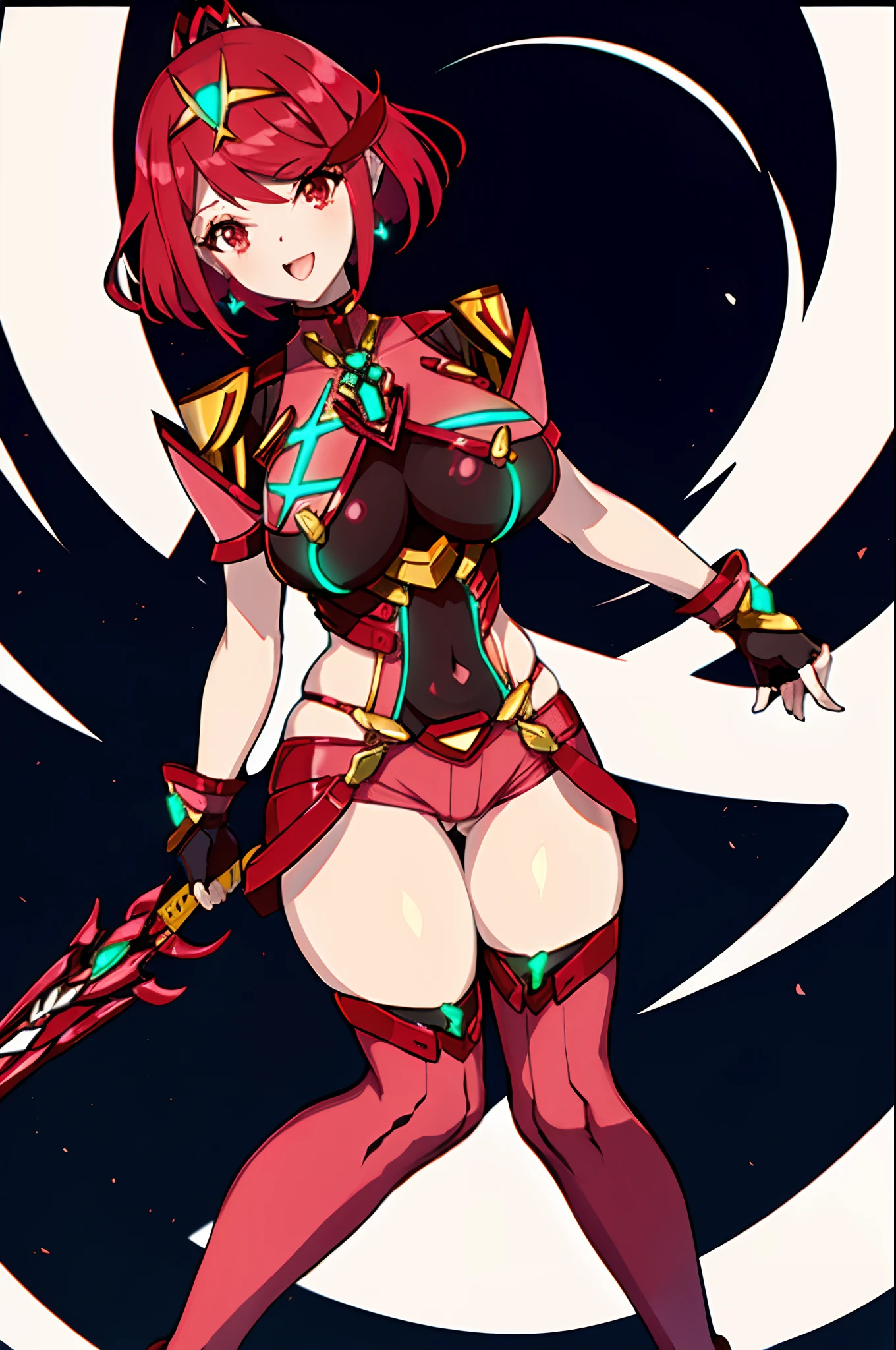 pyra \(xenoblade\), _1girl, , bangs, breasts, red eyes, light_open_mouth, earrings, eyelashes, floating hair, framed breasts, gem, gloves, hair ornament, headpiece, jewelry, big_breasts, leaning back, leotard, neon trim, official art, pose, red hair, red shorts, saitou masatsugu, short hair, short shorts, short sleeves, shorts, sidelocks, skin tight, solo, standing, swept bangs, thighhighs, tiara, night_prairie_background, turtleneck, underbust, vambraces, xenoblade chronicles \(series\), (xenoblade chronicles 2), (spread_legs:1.1), fire_effect,dynamic_pose,fighting,light_smile, (plump:1.4), big_ass,huge_sword, hold_large_sword_hilt, scovered_nipples, (covered_pussy:1.2),cameltoe,back_view, fists,ponytail,plump,beautiful_fingers,chest open,hip,not cloth,take off cloth,evil,dark,porn