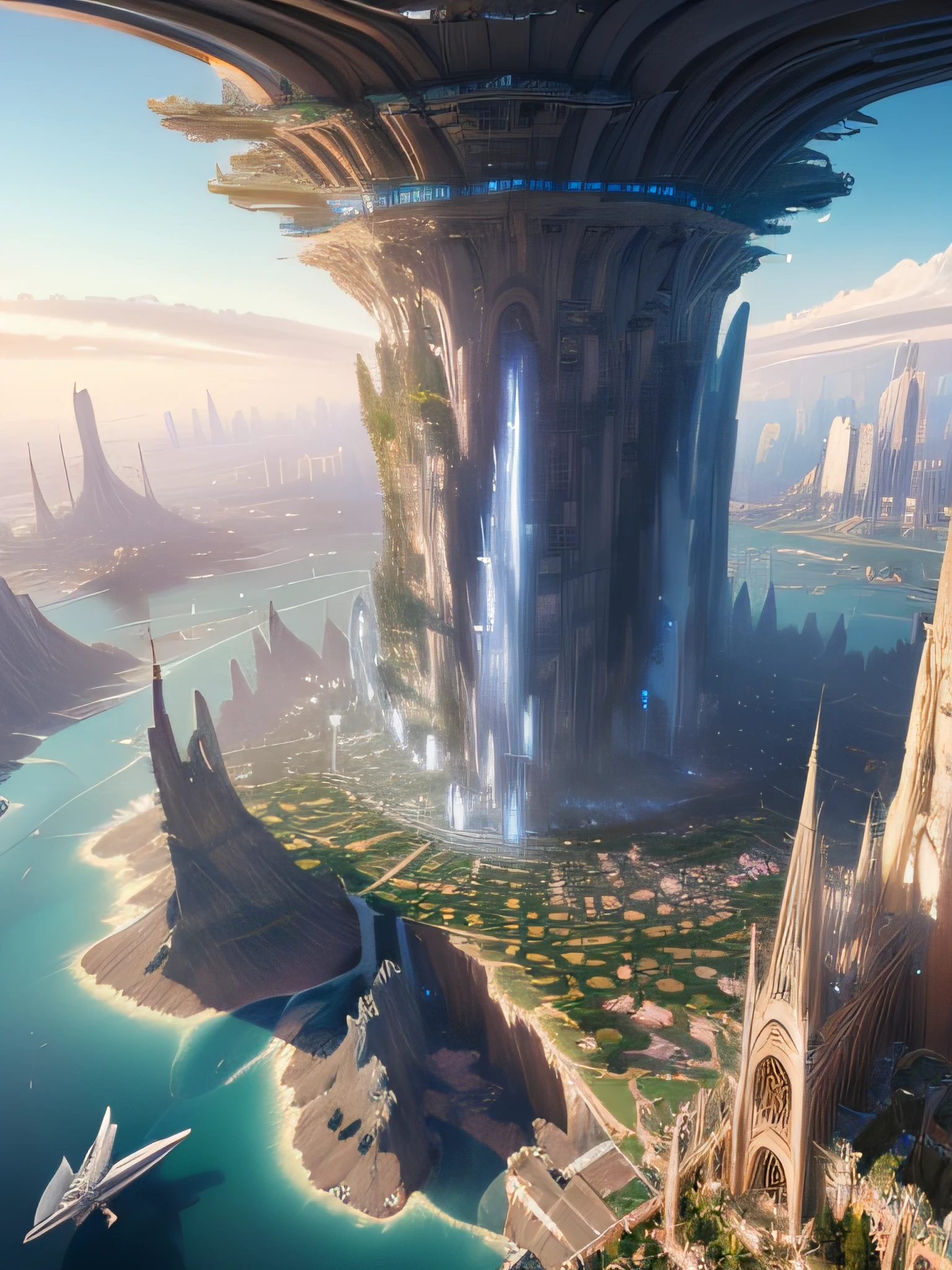 aerial view, stacked architecture city on giant towers and rings with many arches and bridges and sci-fi crystal cathedrals with flying buttresses,  waterfalls, many boats and ships, a matte painting by james gurney, trending on cgsociety, oversaturated, ultra sharp, hyper realistic