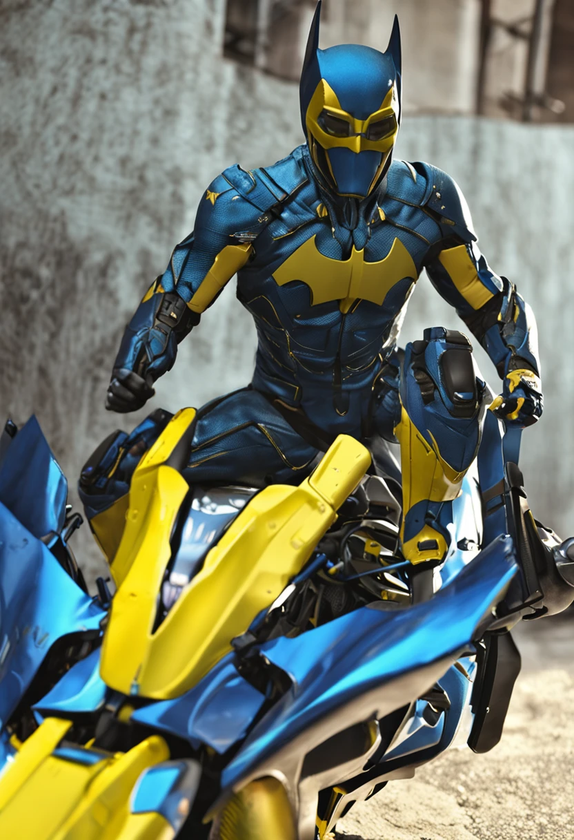 Um batman verde, amarelo e azul, brasileiro, realistic in a titanium cybernetic suit, detalhado, designe perfeito, alta qualidade arestas perfeitas e simetricas ::n_desenho de estilo, Low-quality imperfection, boneco, jogo, anime