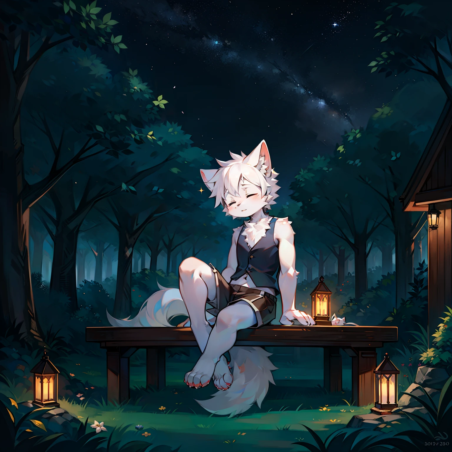 A gray cat,Libido boy,One guy,Furry Fur, Cute little animals,Fluffy tail,White hair,Sitting alone under a tree,leaning against the tree trunk,On the lawn of the park,Pups,no pant,Naked, Wear a plain white loose vest,is in night,nigh sky, stars,Close-up of cute characters,s asleep
