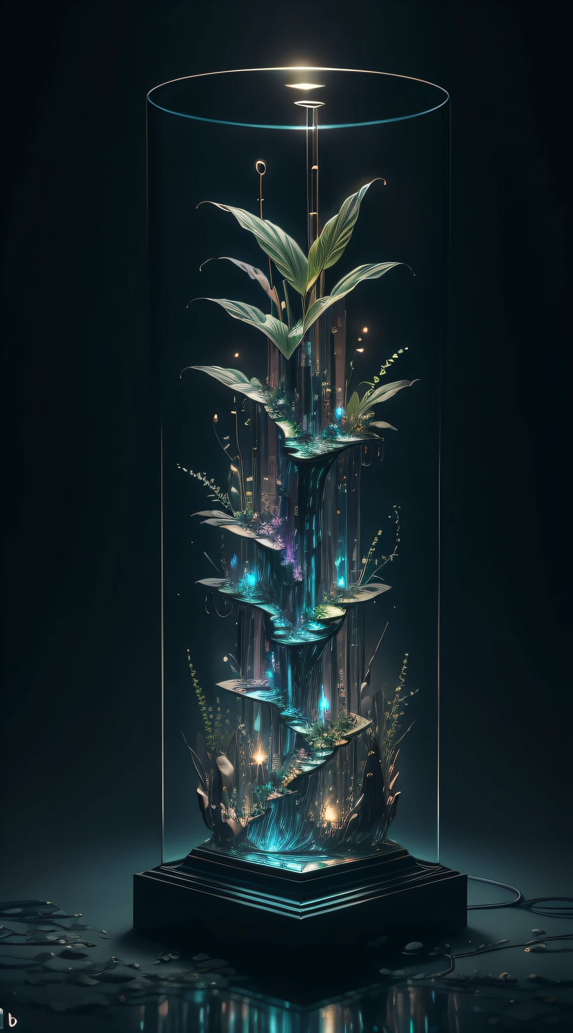 masterpiece of glass sculpture with plants inside, water, glowing, fantasy, high quality, high detail, best quality, rtx, 4k, 8k,