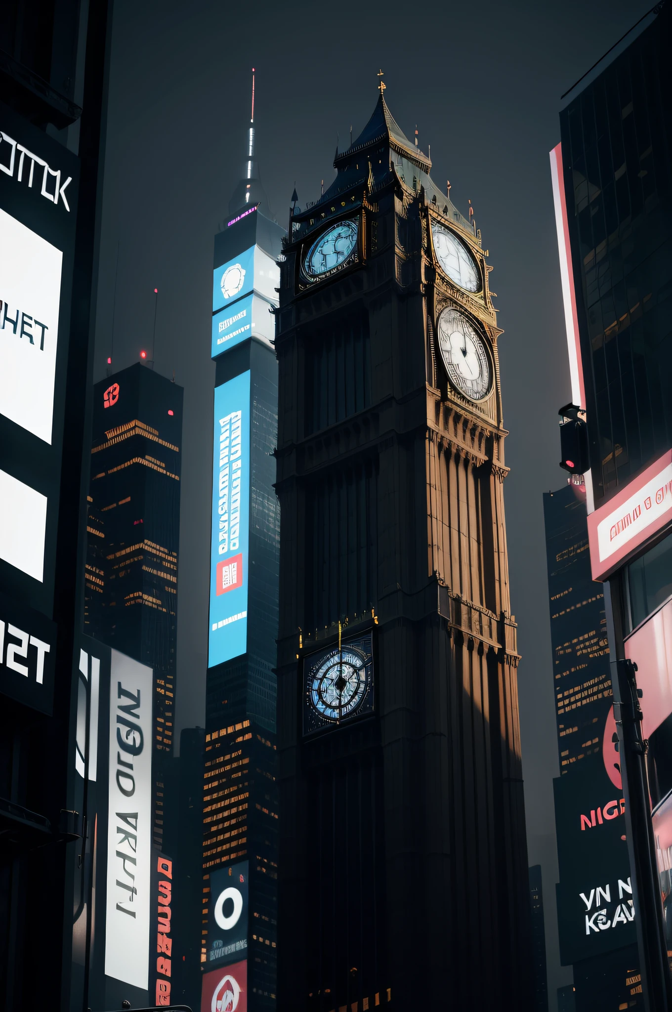 Big Ben watch on a busy Time Square street in cyberpunk style