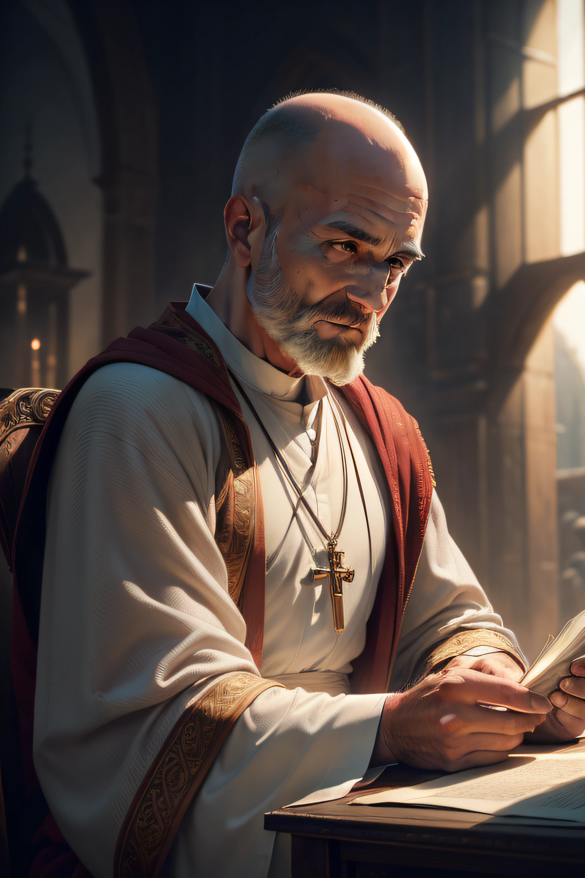 generate a classist painting image, focus on the details of the face, (a male priest, little hair, semi-bald, short hair only on the side of the head, light brown hair,, little hair, small beard, light brown beard, simple man, calm man, white man, thin man, 60 years old, man 60 years old, holy image, holy man, priest), (looking up, looking up, head elevation 15°, expression of happiness, no smile, serene look, soft look, happy eyes), (priest's robe, red robe, priest's robe), (front view, close-up, dressed in a robe) (8k texture, 8k, insane detail, intricate detail, hyper-detailed, highly detailed, realistic, soft cinematic light, HDR, sharp focus, Adobe Lightroom, (HDR:1.4) , (soft colors:1.2), hyperdetailed, (Art Station:1.4), ((((cinematic look))) , ((((cinematic look)))), intricate, elegant, highly detailed)