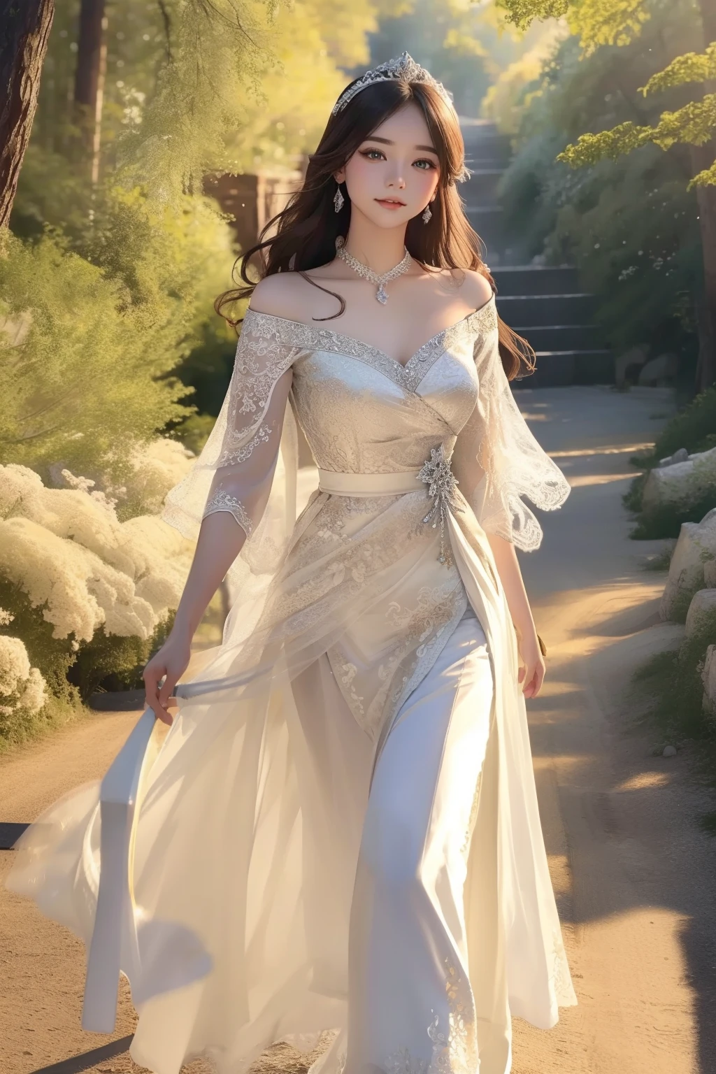 ((top-quality、masterpiece、photographrealistic:1.4、8K))、1 beautiful detailed girl、extremely detailed eye and face、beatiful detailed eyes、(Princess in armor-style dress)、Luxury accessories、Elegant smile、(Princess running through the forest on a white horse)、Beautiful lighting、Textured skin、Super Detail、high detailing、High quality、hight resolution、(looking at the viewers)、the woods、The sword