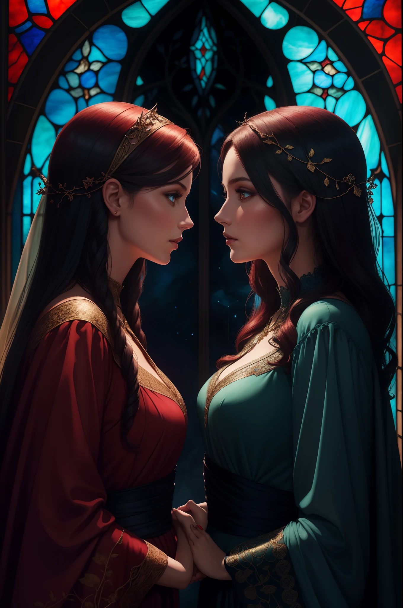 Two glamour women glancing at each other through stained glass, in the style of fantasy illustrations, Marine Painter, dark palette, highly detailed illustrations, made of vines, serene faces, dark red and sky-blue