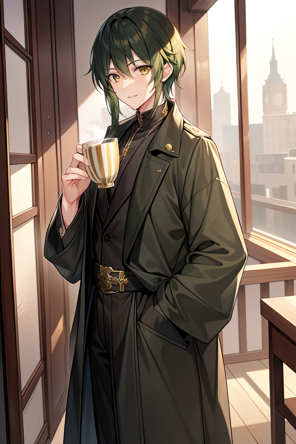 man,master pieces,youth,Golden eyes,Dark green hair,a black trench coat,whitesweater,Folding fan at the waist,Drink tea,Mild complexion,gentleness,ssmile
