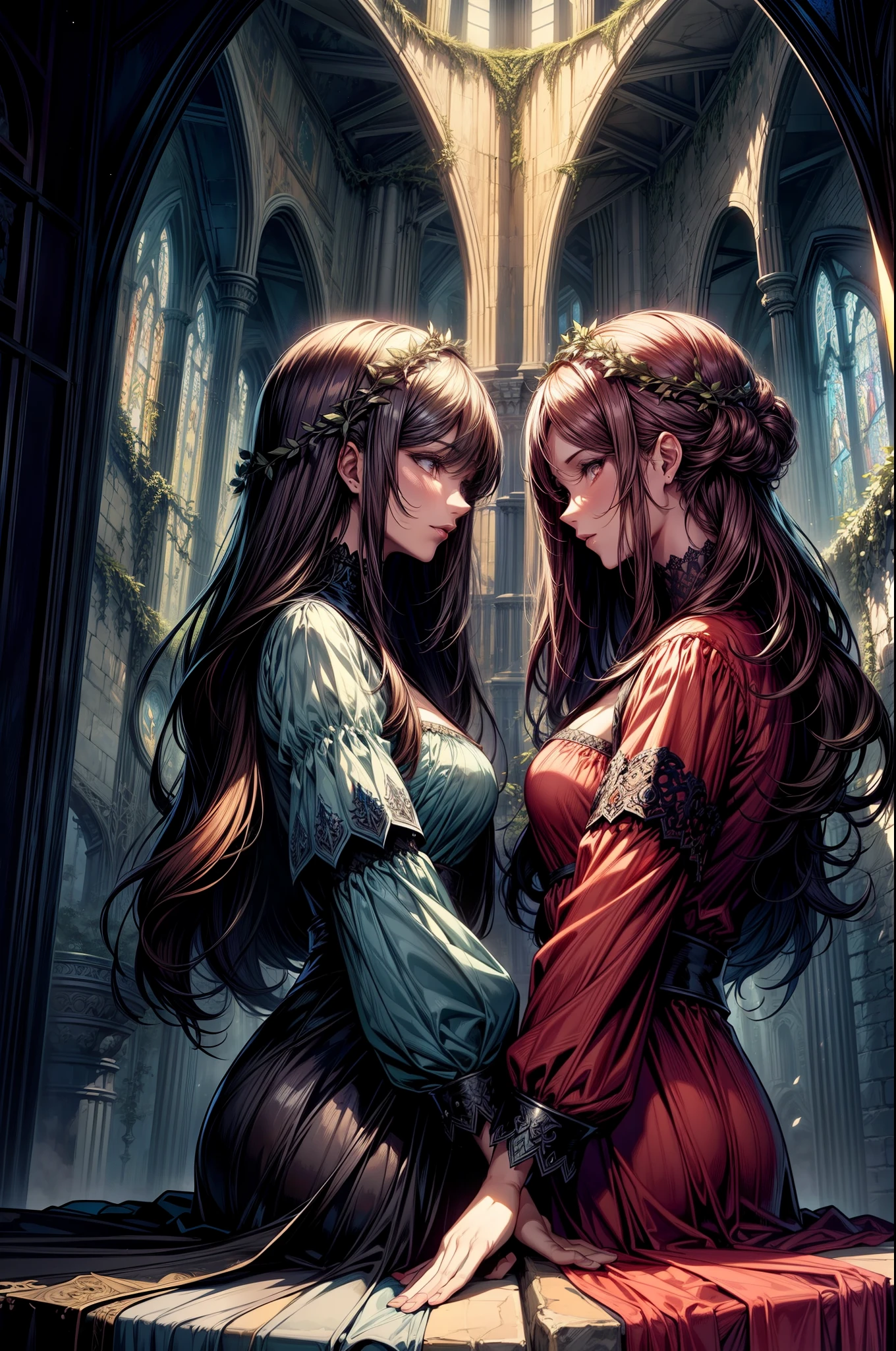 Two glamour women glancing at each other through stained glass, in the style of fantasy illustrations, Marine Painter, dark palette, highly detailed illustrations, made of vines, serene faces, dark red and sky-blue