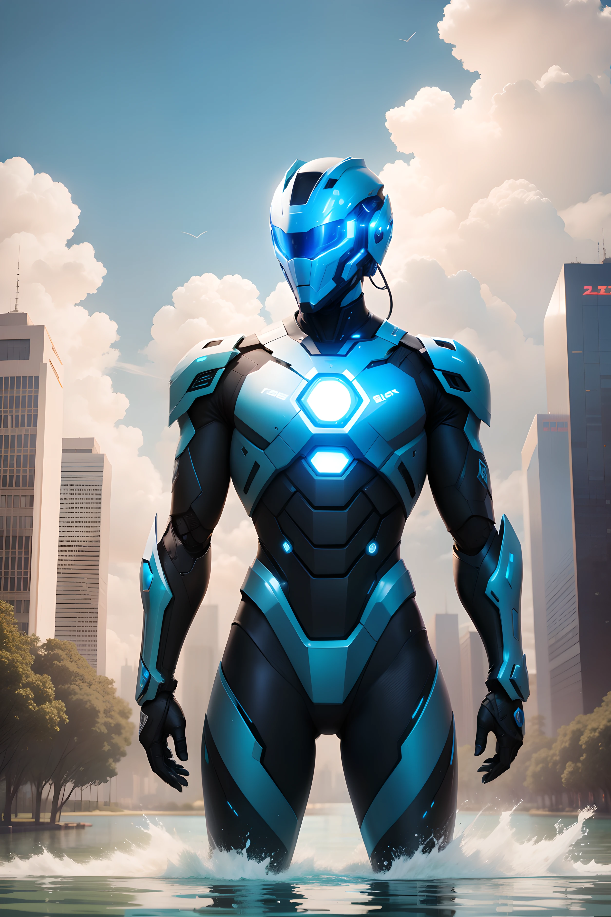 Future male robot,precision machinery,Look into the distance,There are cool helmets,Stand in the lake of the city of the future,The blue sky has white clouds