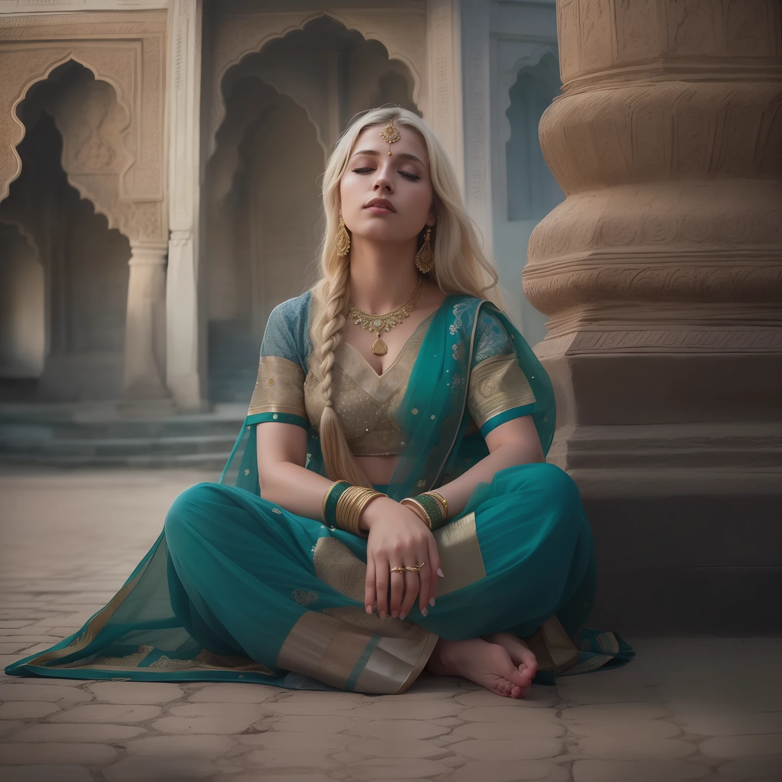 a scandinavian person , so beautiful , wearing an indian traditional dress , blue eyes, blond white hairs, high details, india ancient city background, completely closed eyes, sitten on the floor, in a meditation pose, amazing body, pronounced feminine feature, maximum details, cinematic, intense, cinematic composition, cinematic lighting, (rim lighting:1.3), color grading,  focused, hdr, (intricate details:1.25, hyperdetailed:1.2)