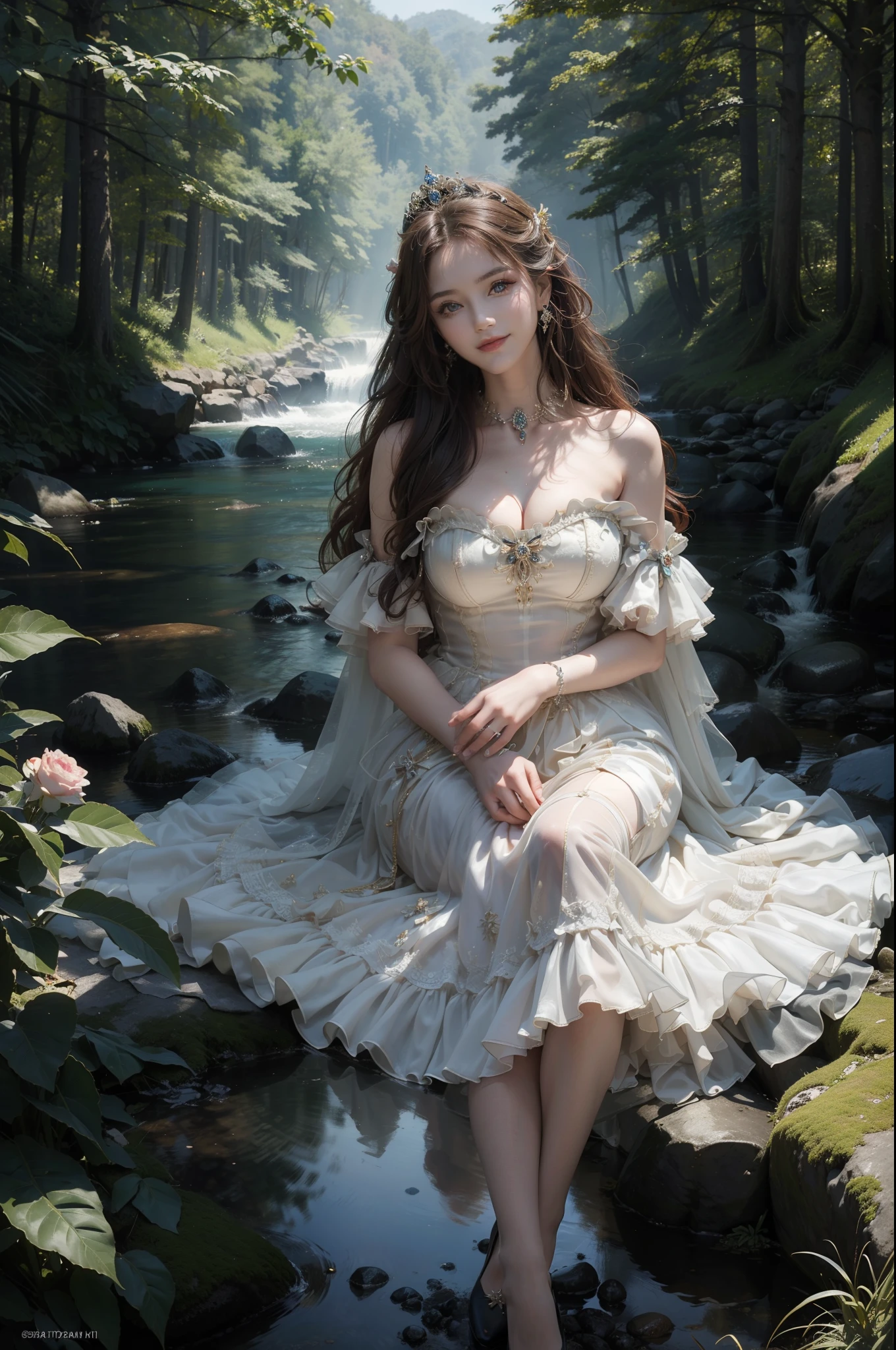 ((top-quality、masterpiece、photographrealistic:1.4、in 8K))、Beautuful Women、17 age、beautiful countenance、extremely detailed eye and face、beatiful detailed eyes、(Luxury dresses in the style of medieval Europe、Princess)、Luxury accessories、(Princess strolling in a river in a mysterious forest)、Cinematic lighting、Textured skin、Super Detail、high detailing、High quality、hight resolution、looking at viewer、Elegant smile、full body、europian