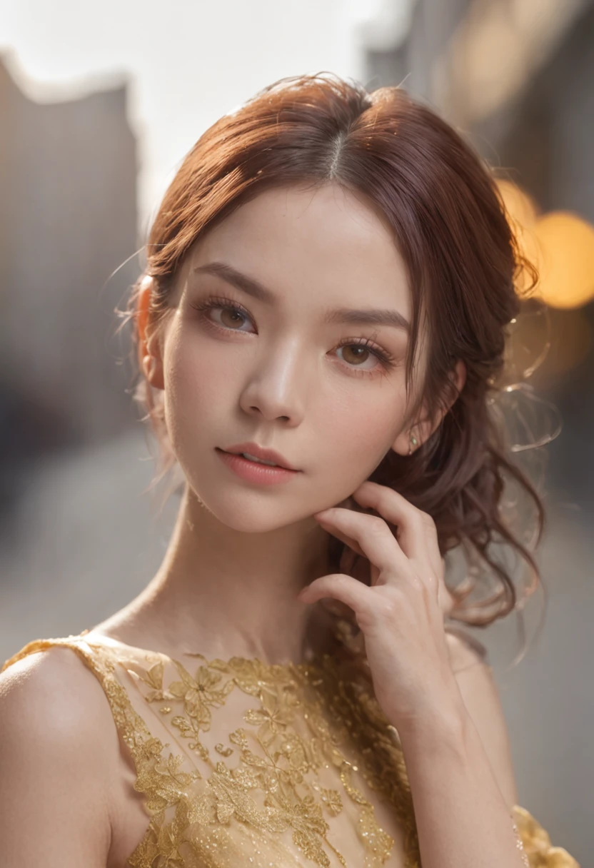 (dreds_Hairstyles:1.3),woman posing for a photo, Wear elegant clothes, Yellow dress, nice hand,4K, hight resolution, masutepiece, Best Quality, Head:1.3,((Hasselblad Photo Grapp)), Fine fine skin, Sharp Focus, (Cinematic lighting), Night, Soft lighting, Dynamic Angle, [:(Detailed face:1.2):0.2],(((Futuristic city))),Super beauty、FULL BODYSHOT、bustup、one girls、Beautiful skins、Beautiful eyes、Cleaning both