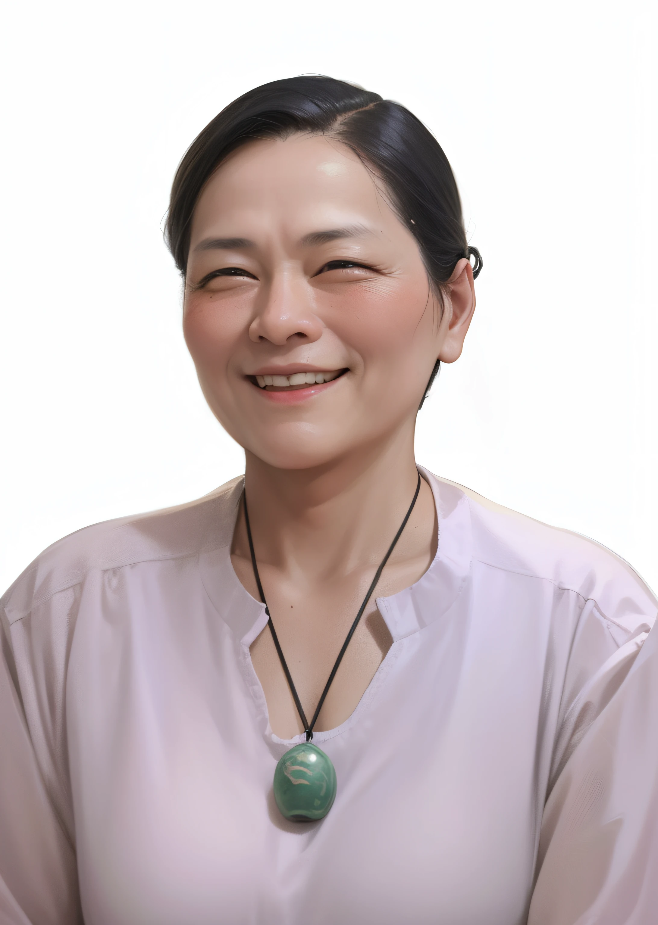 A portrait of a middle-aged woman in China,On his chest he wears a carved piece of oval jade like the head of the Buddha,Jade lubrication,The women wore pink silky clothes,The overall picture is harmonious and natural,hair natural