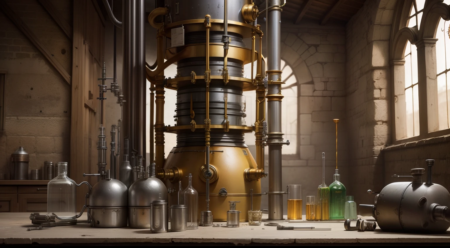 Alchemy Observatory,Ancient alien alchemy furnace,The shell is broken,Test tube catheter chemistry instrument with complex structure in background,(makina,Precision instruments)