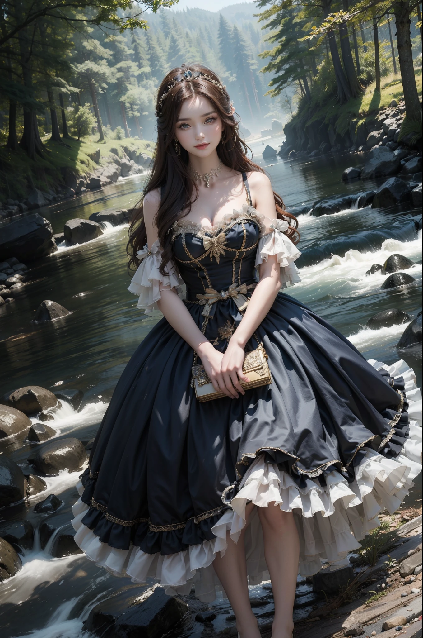 ((top-quality、​masterpiece、photographrealistic:1.4、in 8K))、Beautuful Women、17 age、beautiful countenance、extremely detailed eye and face、beatiful detailed eyes、（Luxury dresses in the style of medieval Europe、Princess）、Luxury accessories、（Princess strolling in a river in a mysterious forest）、Cinematic lighting、Textured skin、Super Detail、high detailing、High quality、hight resolution、looking at viewer、Elegant smile、full body、europian