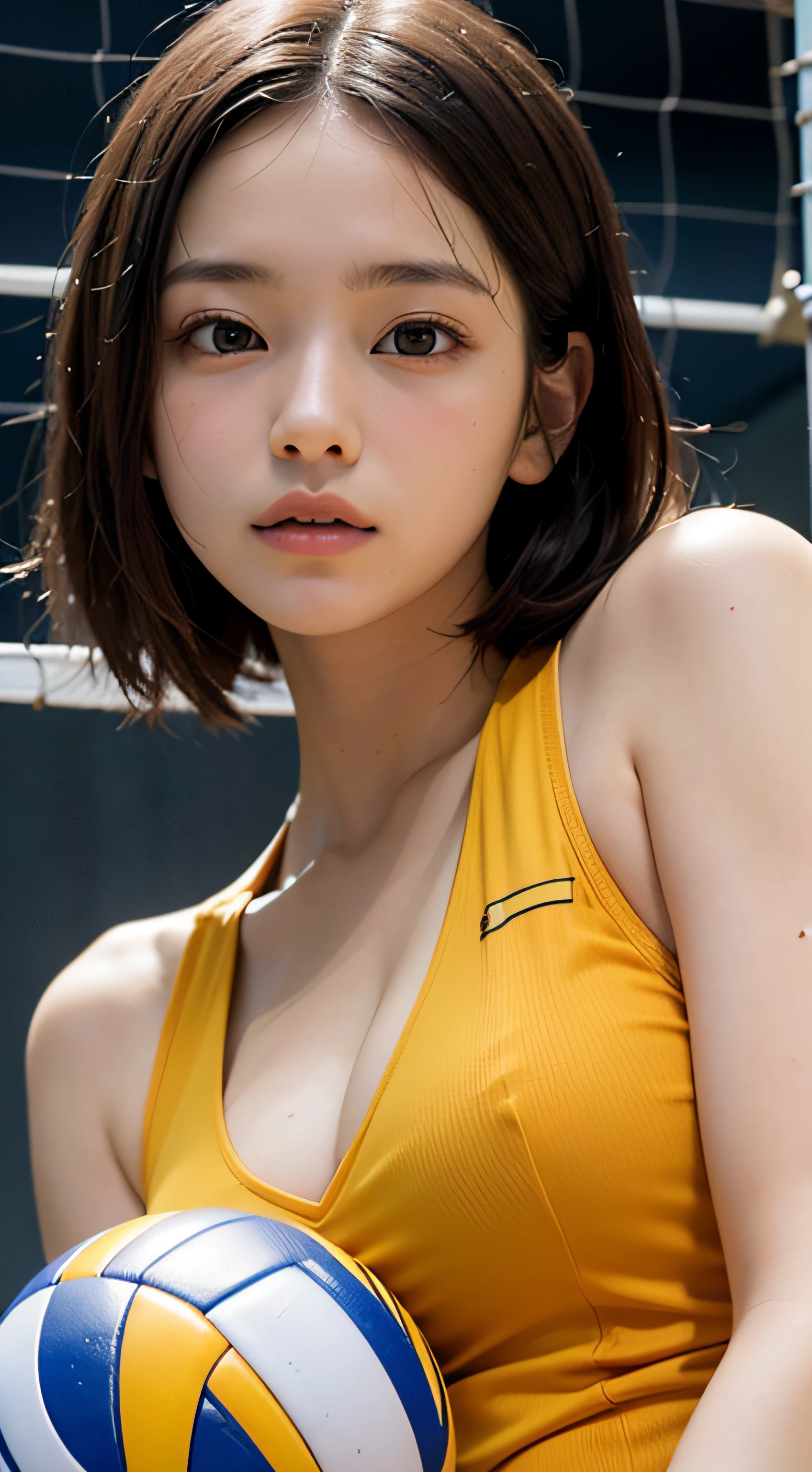 (masutepiece, Best Quality:1.4), Beautiful face, 8K, 85 mm, absurderes, The upper part of the body, cleavage of the breast、Facing the camera、 violaceaess, gardeniass, Delicate girl, Solo, Night, Looking at Viewer, Upper body, Film grain, chromatic abberation, Sharp Focus, face lights, Professional Lighting, Sophisticated, (Smile:0.4), (Simple background, Bokeh background:1.2), Detail Face,Volleyball match background,Volleyball Uniforms